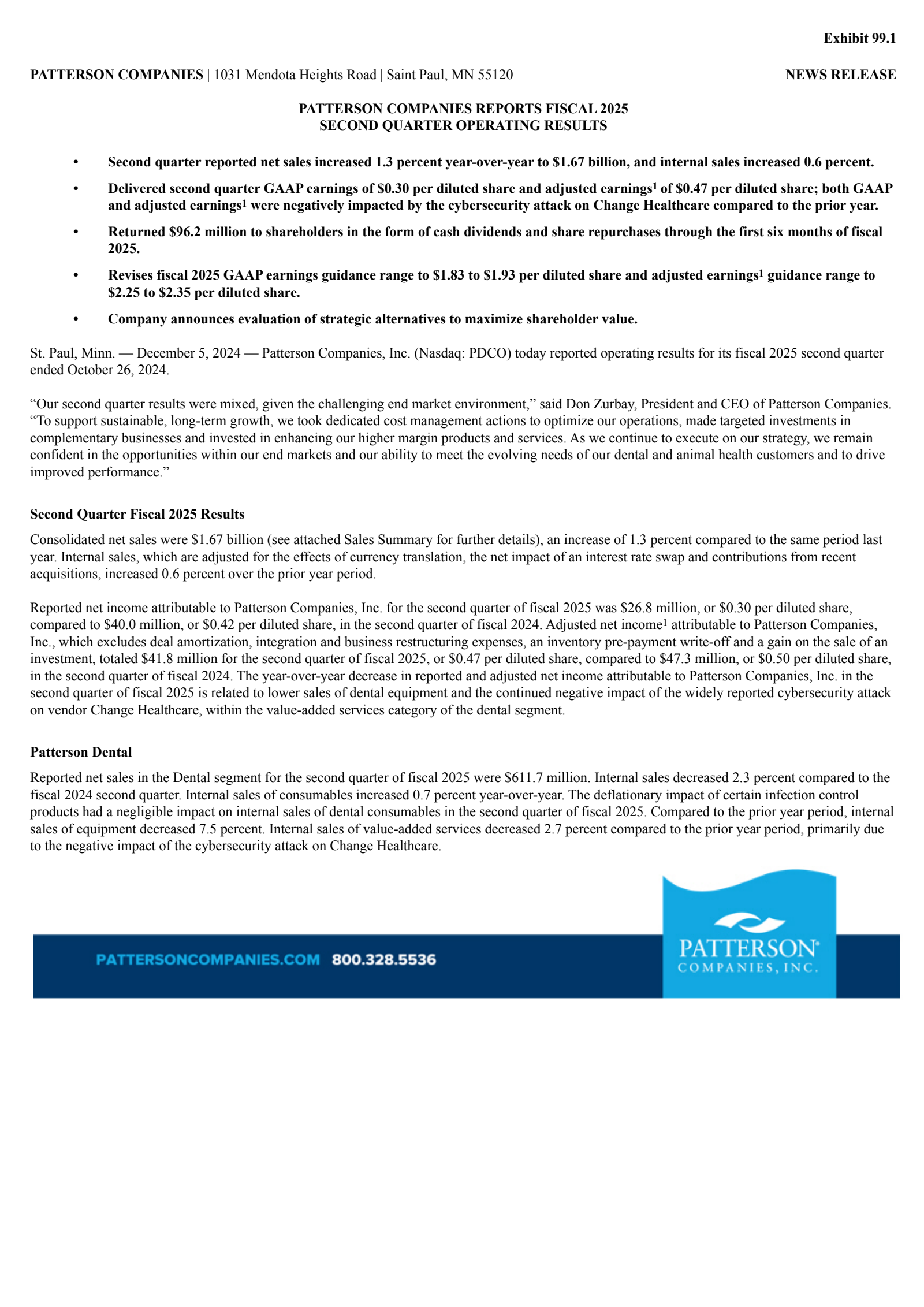 Patterson Companies' Q2 2025 Press Release