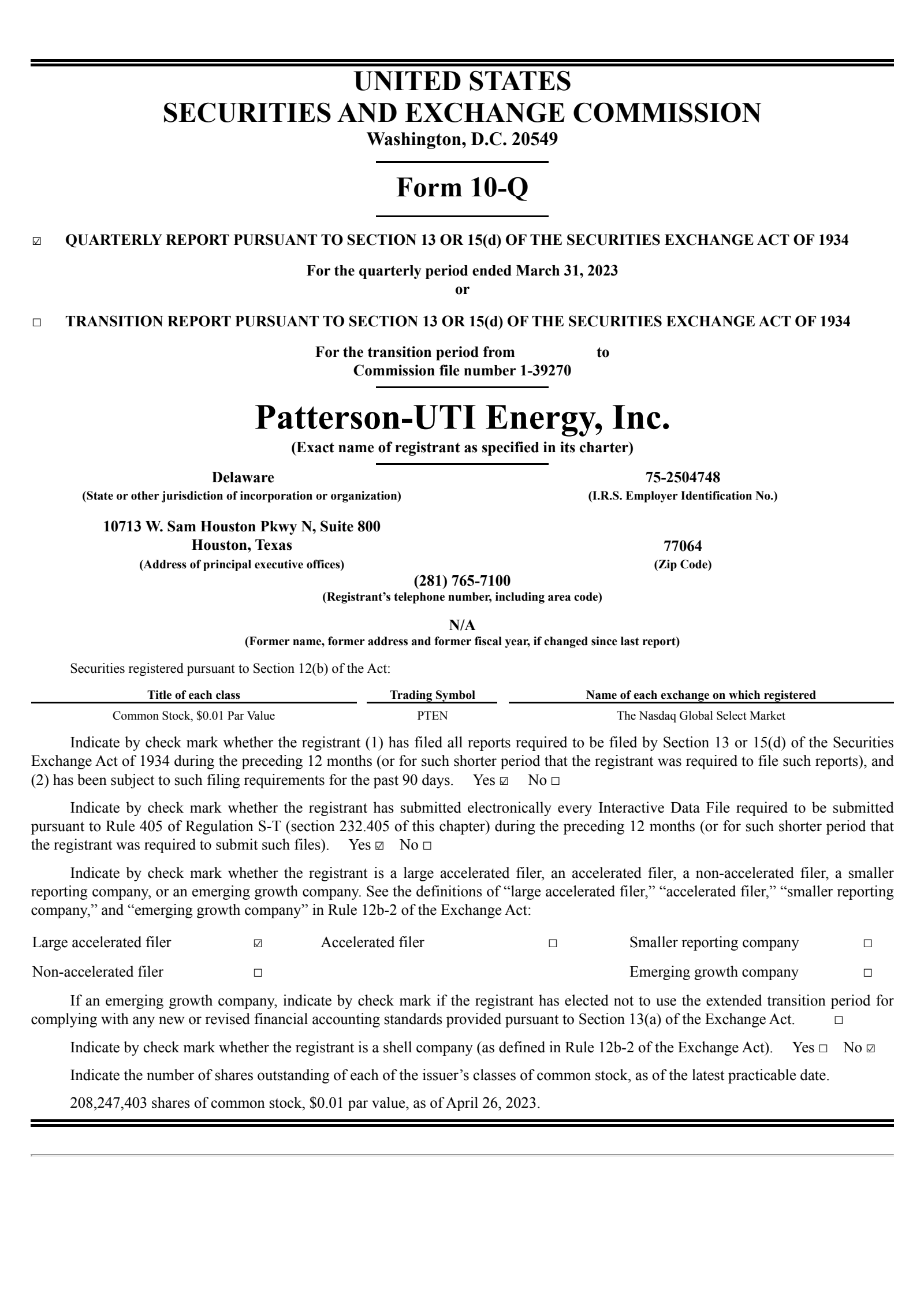 Patterson-UTI Energy's Q1 2023 Quarterly report