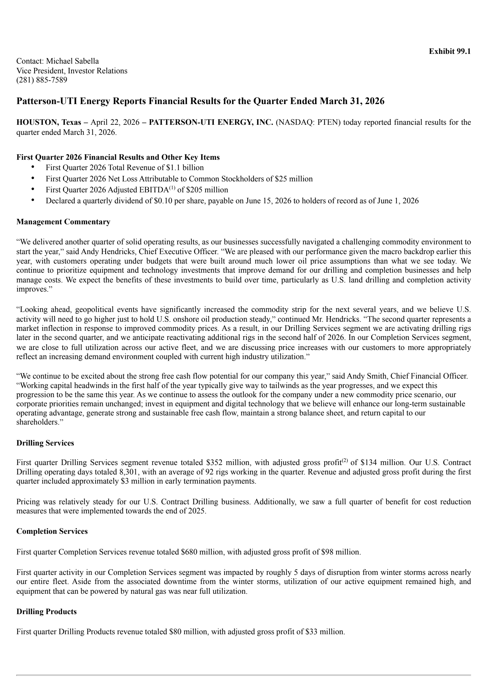 Patterson-UTI Energy's Q1 2026 Press Release