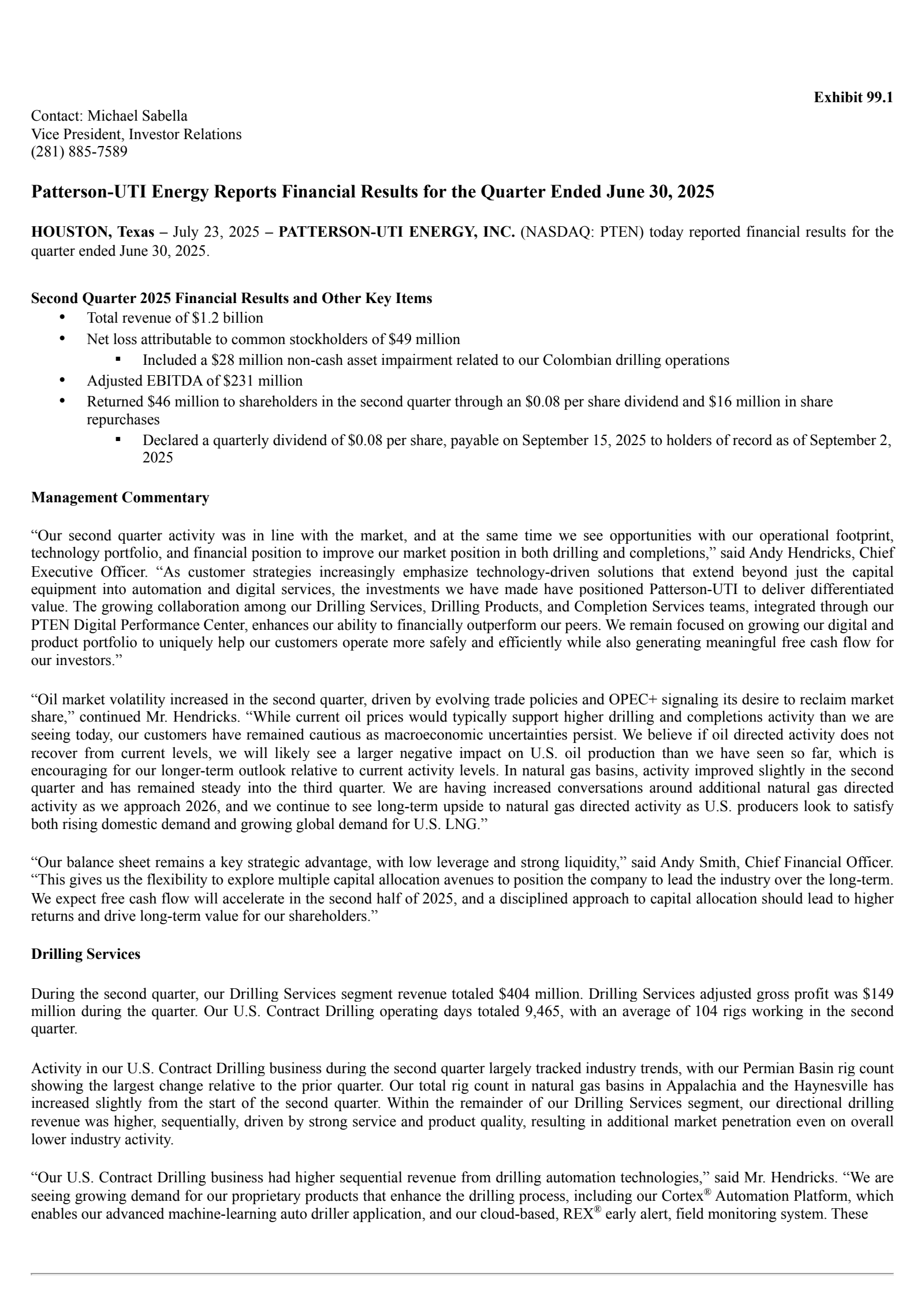 Patterson-UTI Energy's Q2 2025 Press Release
