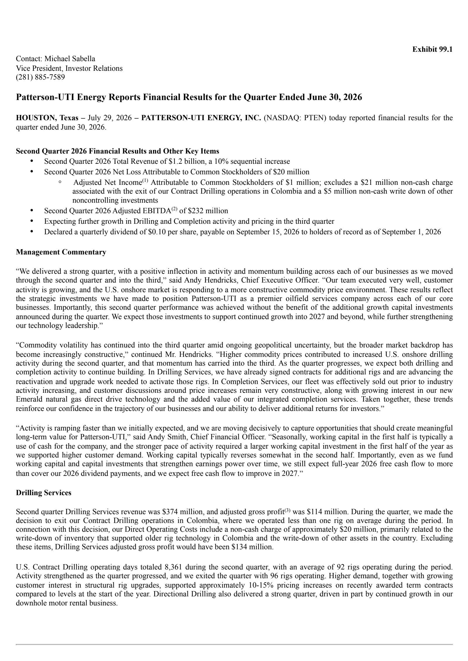 Patterson-UTI Energy's Q2 2026 Press Release