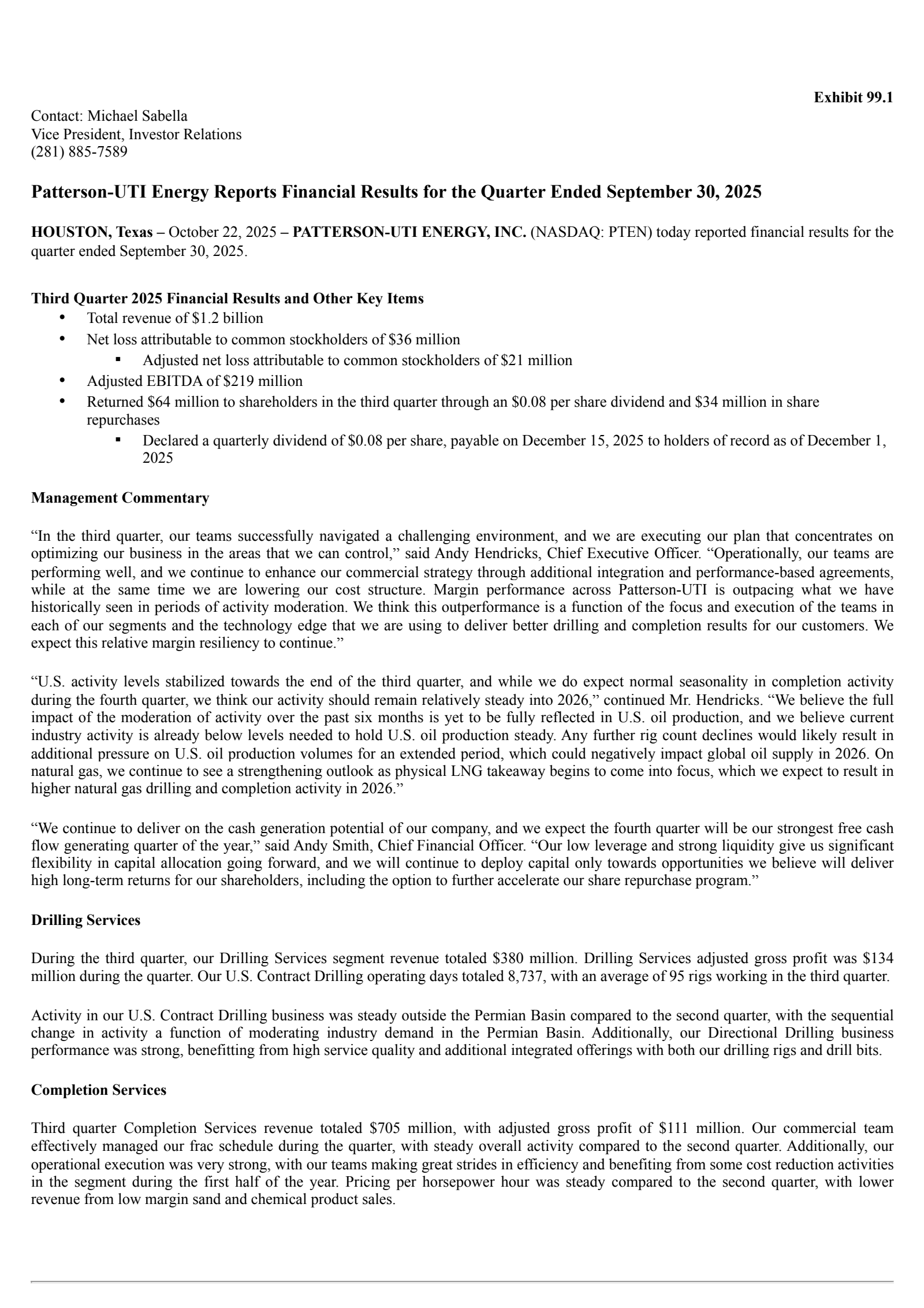 Patterson-UTI Energy's Q3 2025 Earnings Release