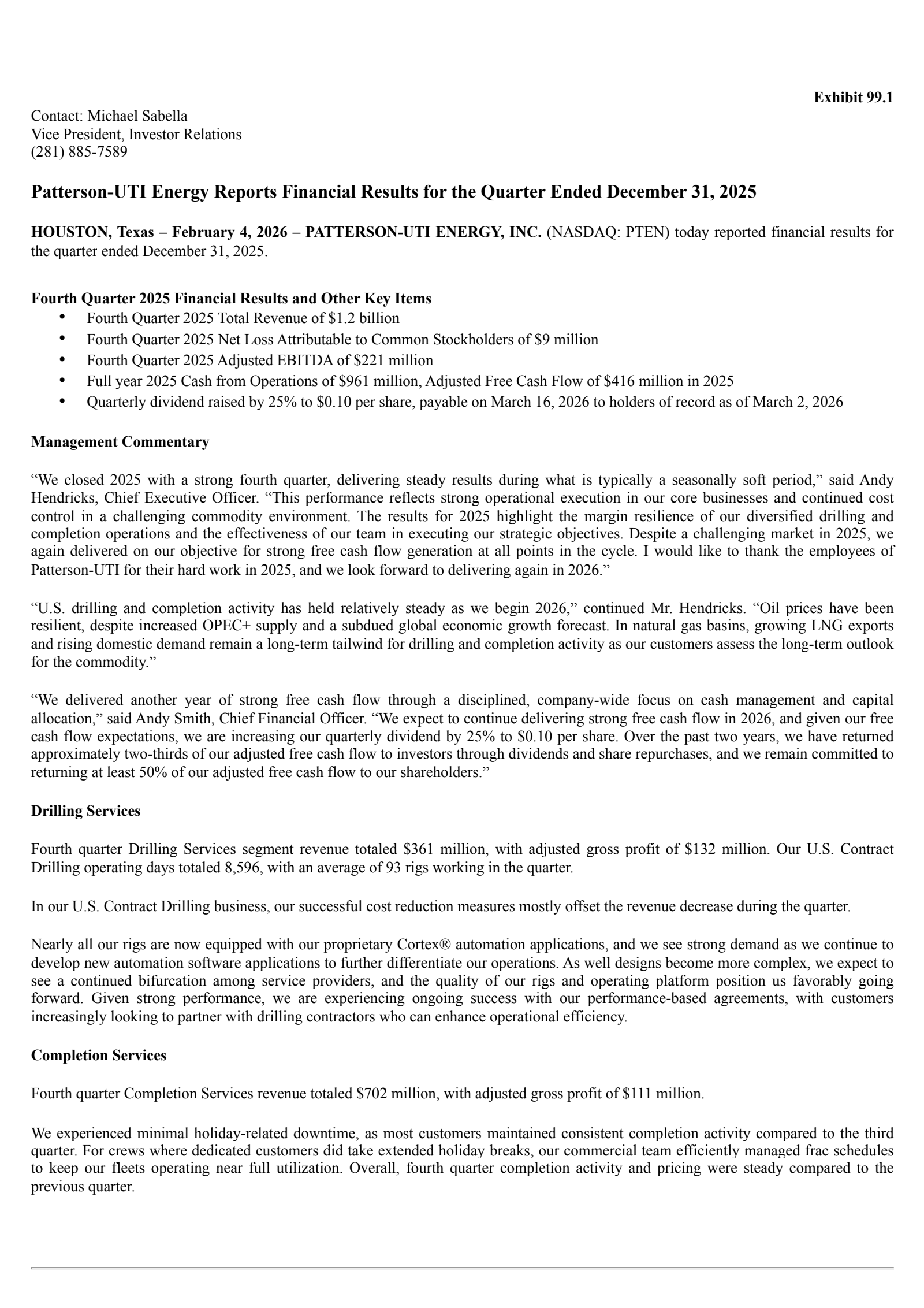 Patterson-UTI Energy's Q4 2025 Press Release