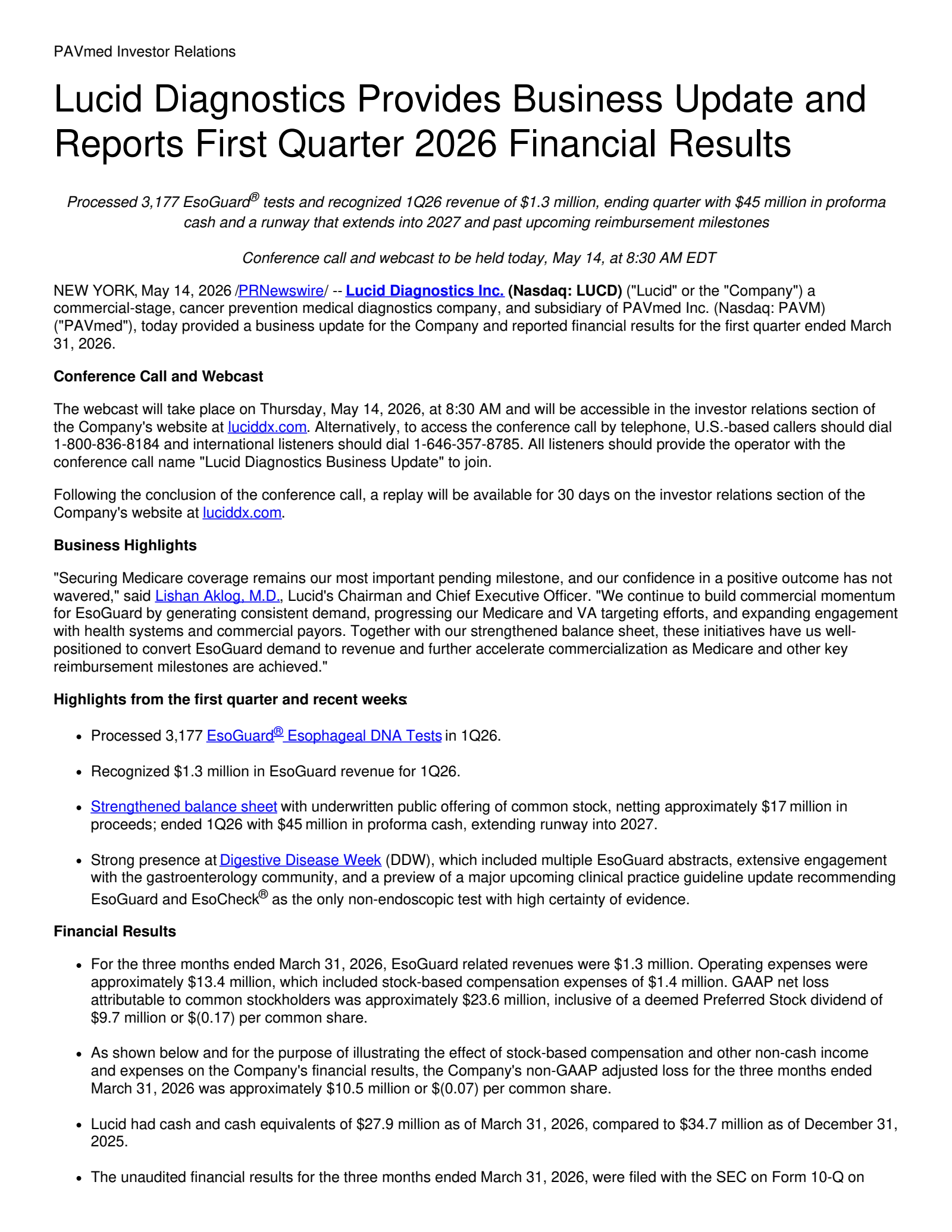PAVmed's Q1 2026 Press Release