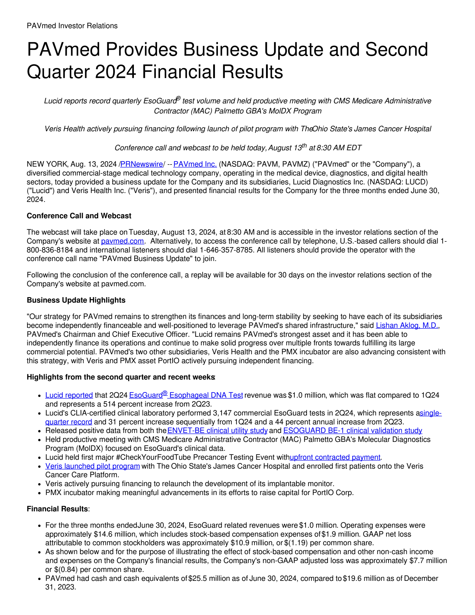 PAVmed's Q2 2024 Press Release