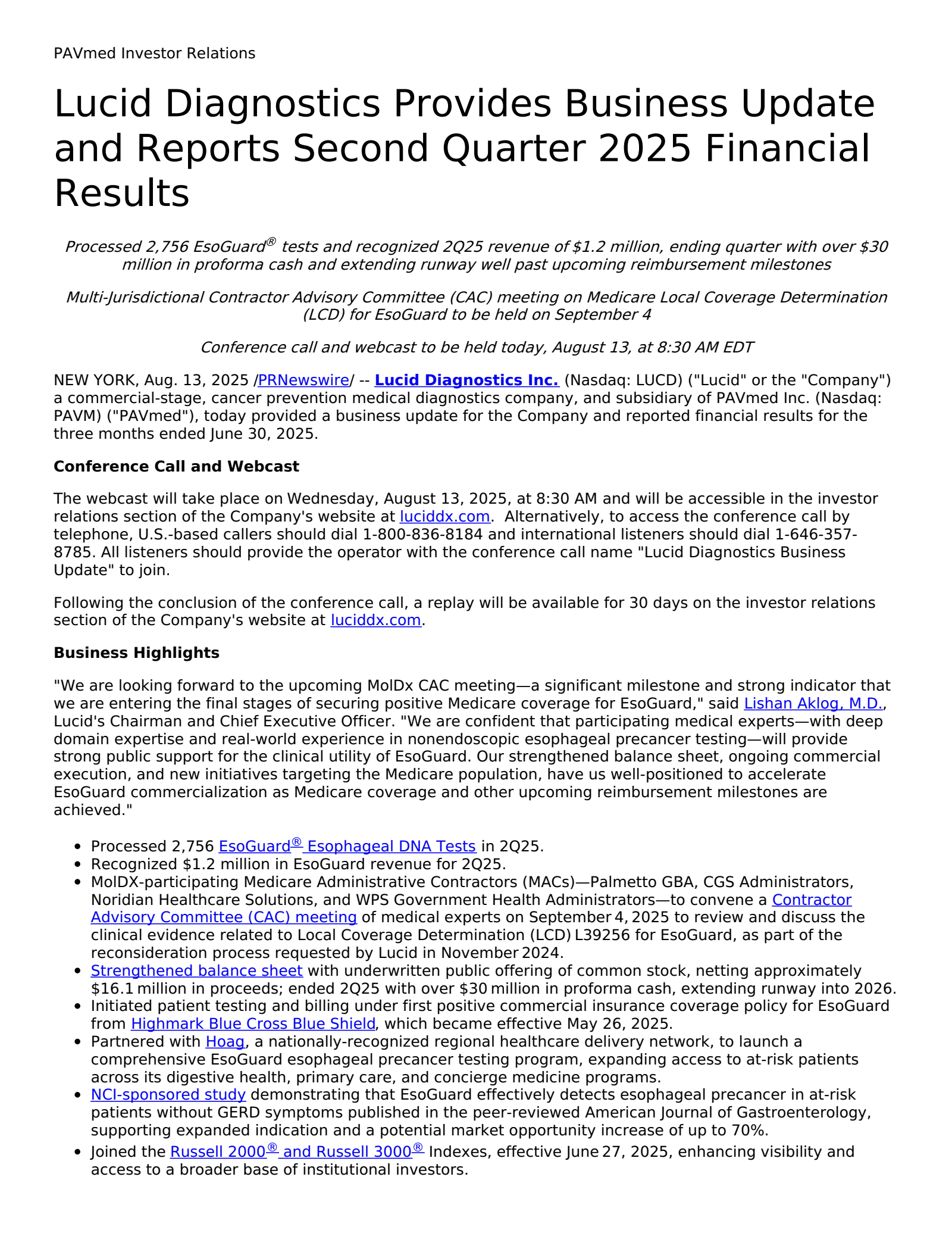PAVmed's Q2 2025 Press Release