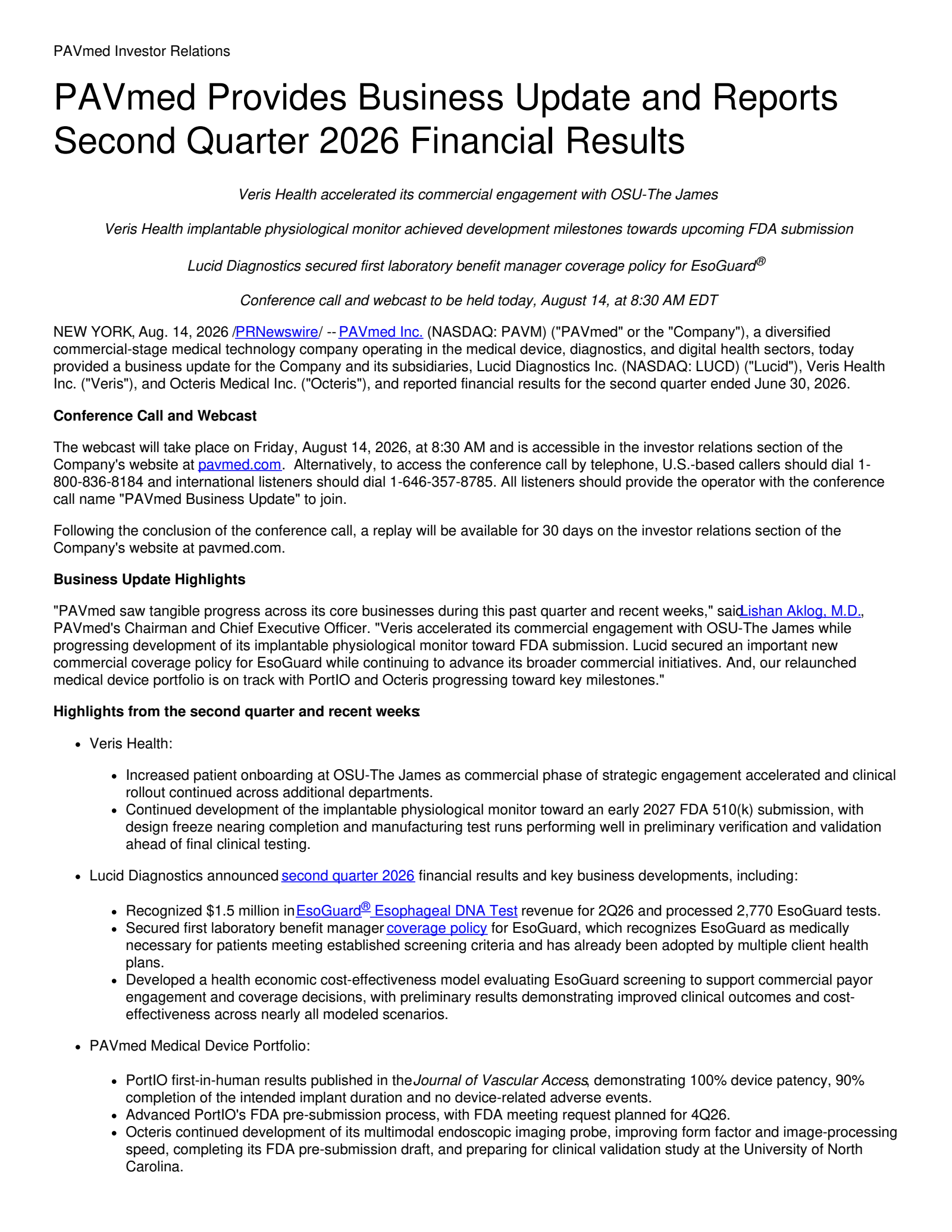 PAVmed's Q2 2026 Press Release