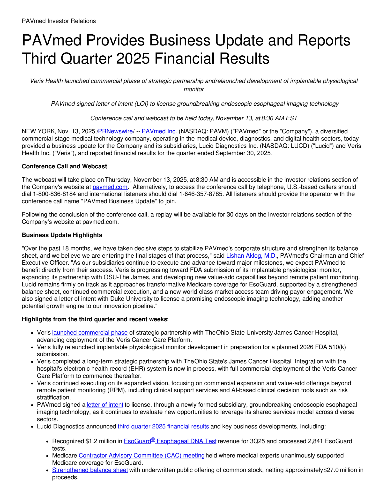 PAVmed's Q3 2025 Press Release
