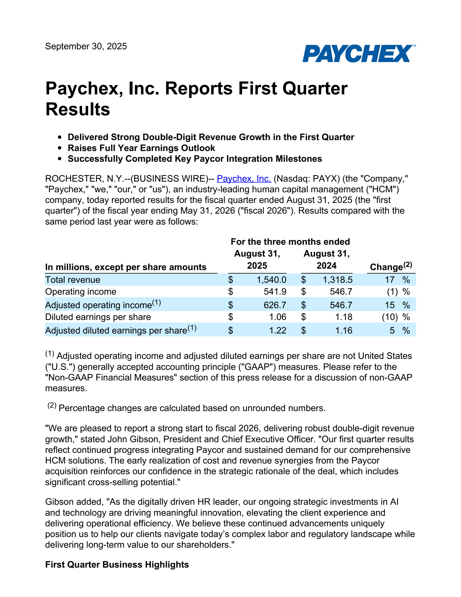 Paychex's Q1 2026 Earnings Release