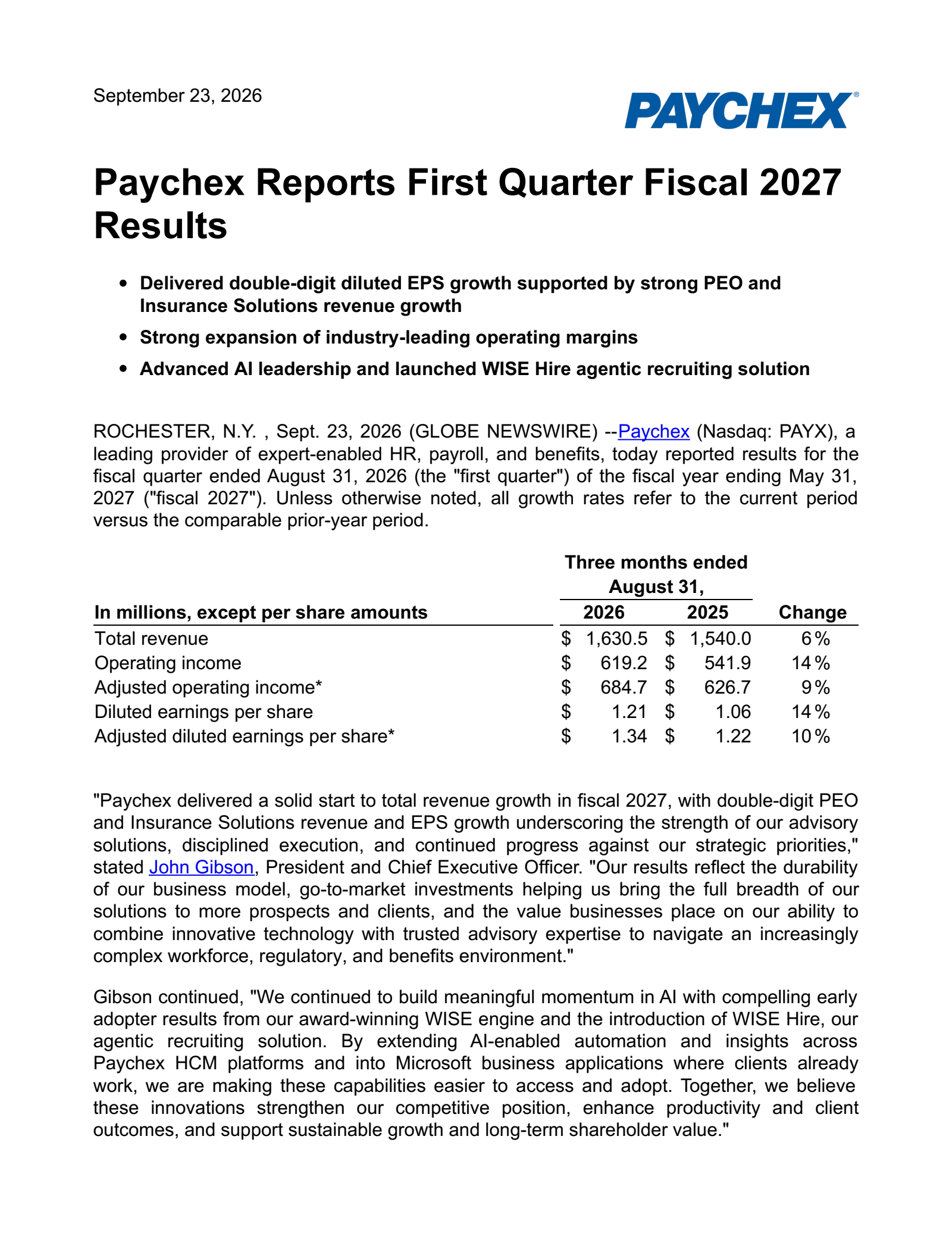 Paychex's Q1 2027 Press Release