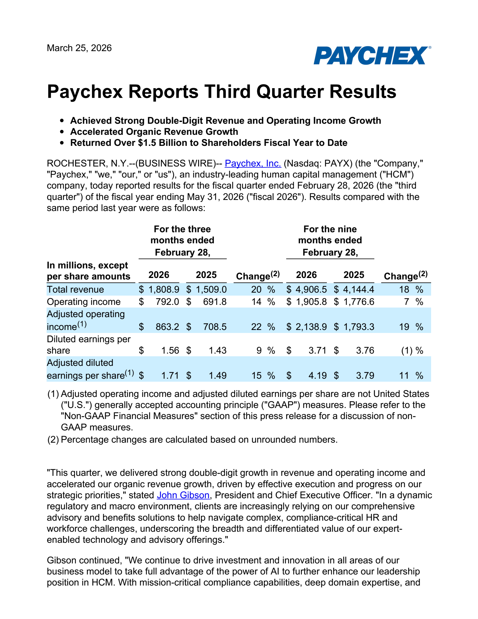 Paychex's Q3 2026 Press Release