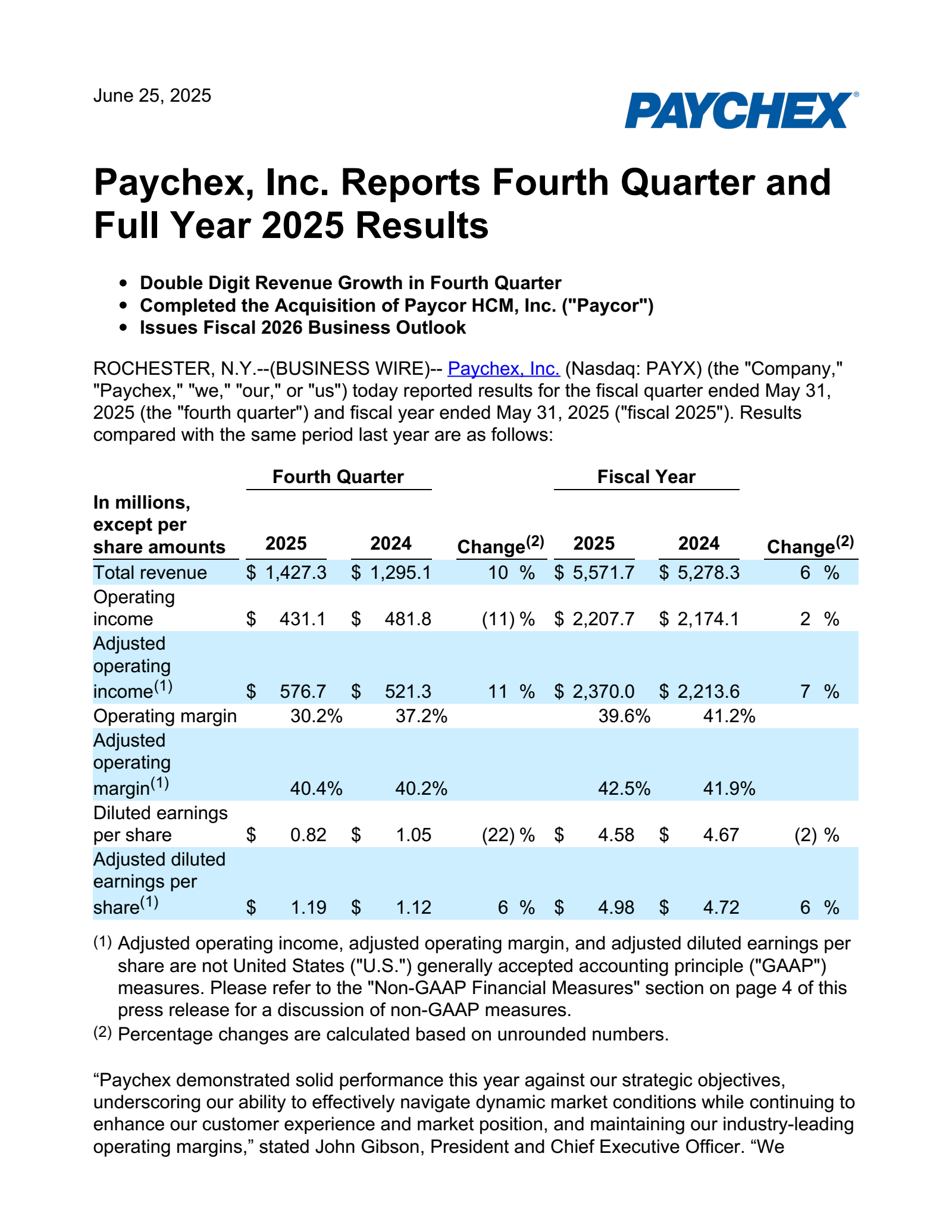 Paychex's Q4 2025 Press Release