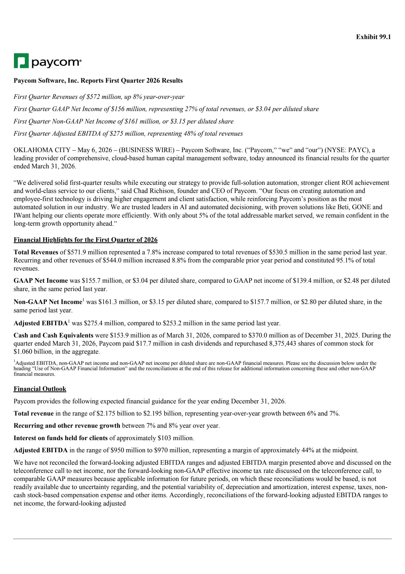 Paycom Software's Q1 2026 Press Release