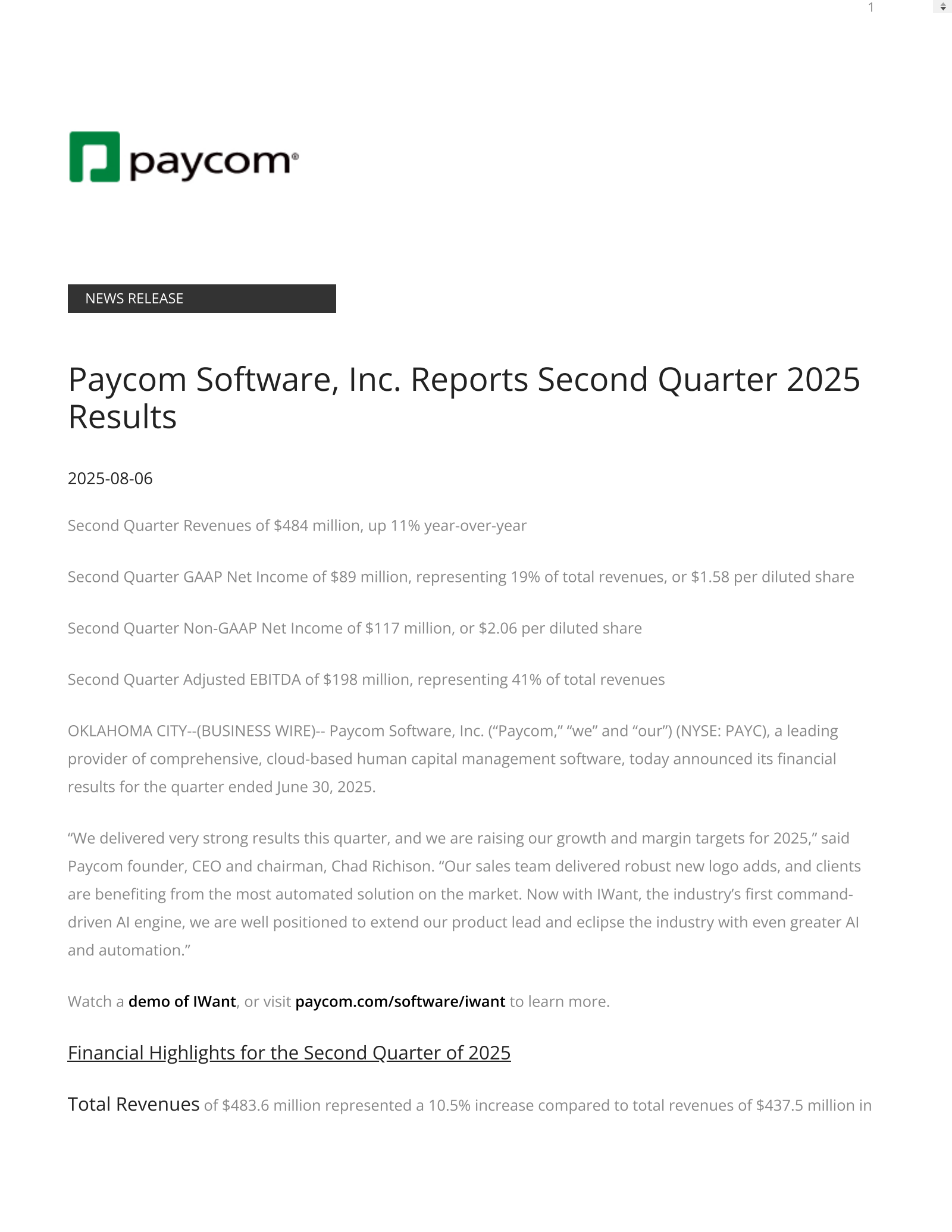 Paycom Software's Q2 2025 Press Release
