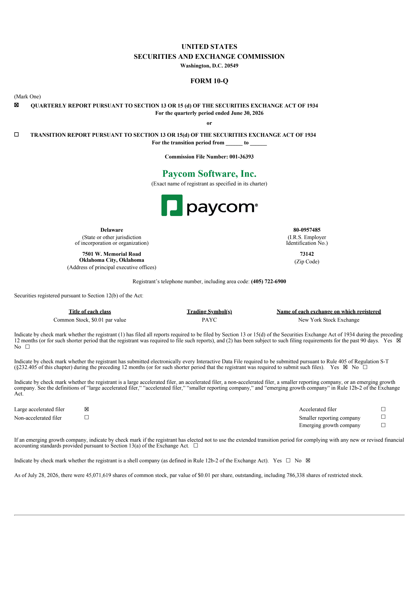 Paycom Software's Q2 2026 Quarterly report