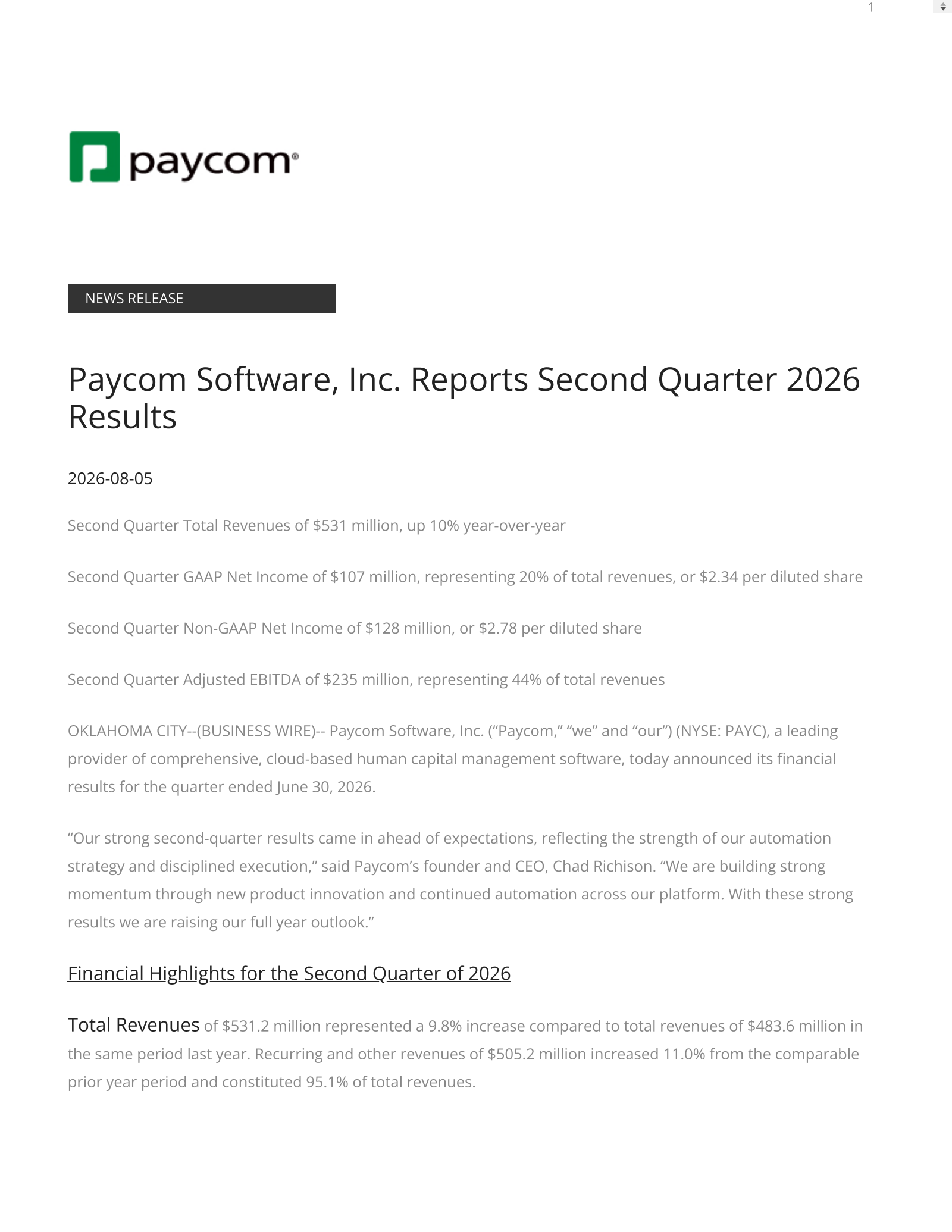 Paycom Software's Q2 2026 Press Release