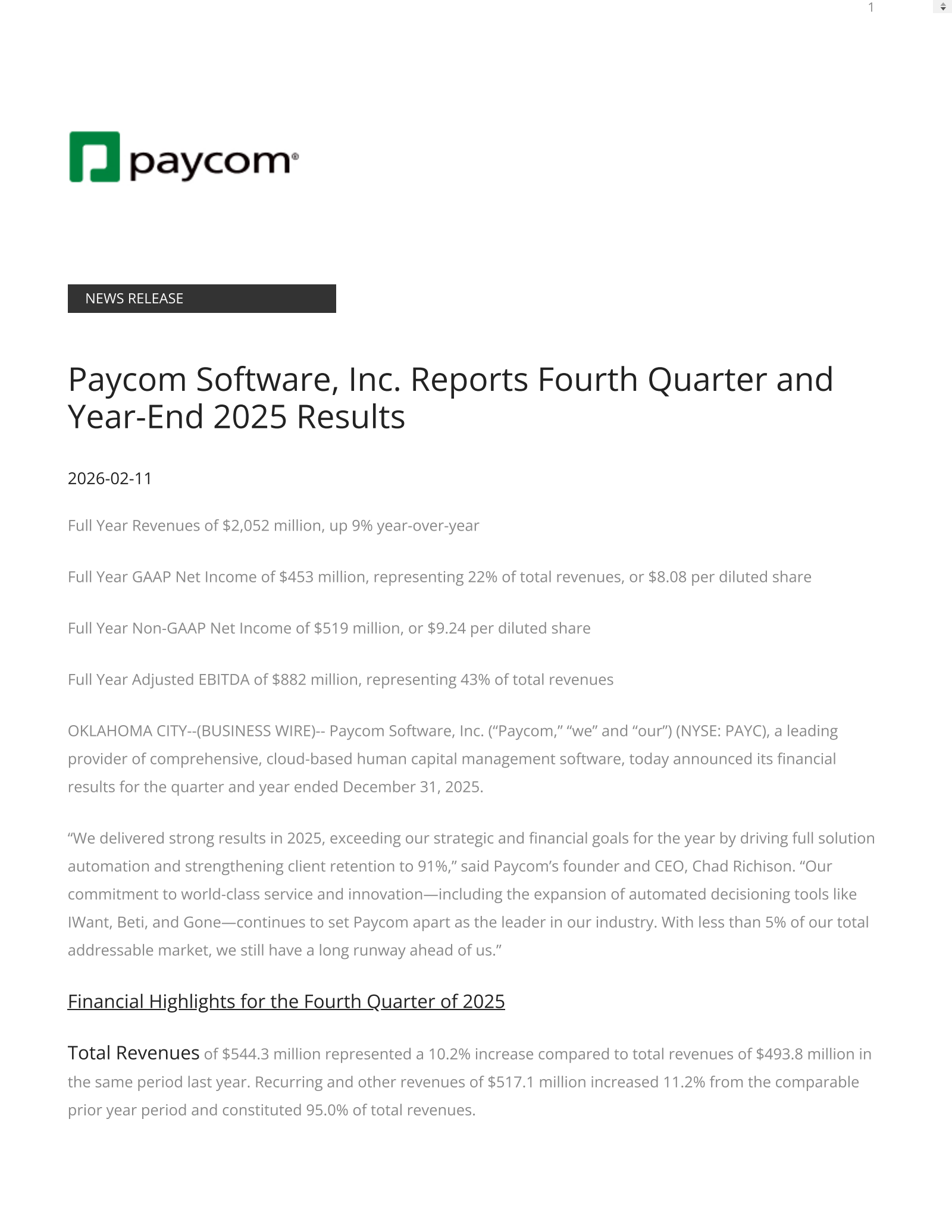 Paycom Software's Q4 2025 Press Release
