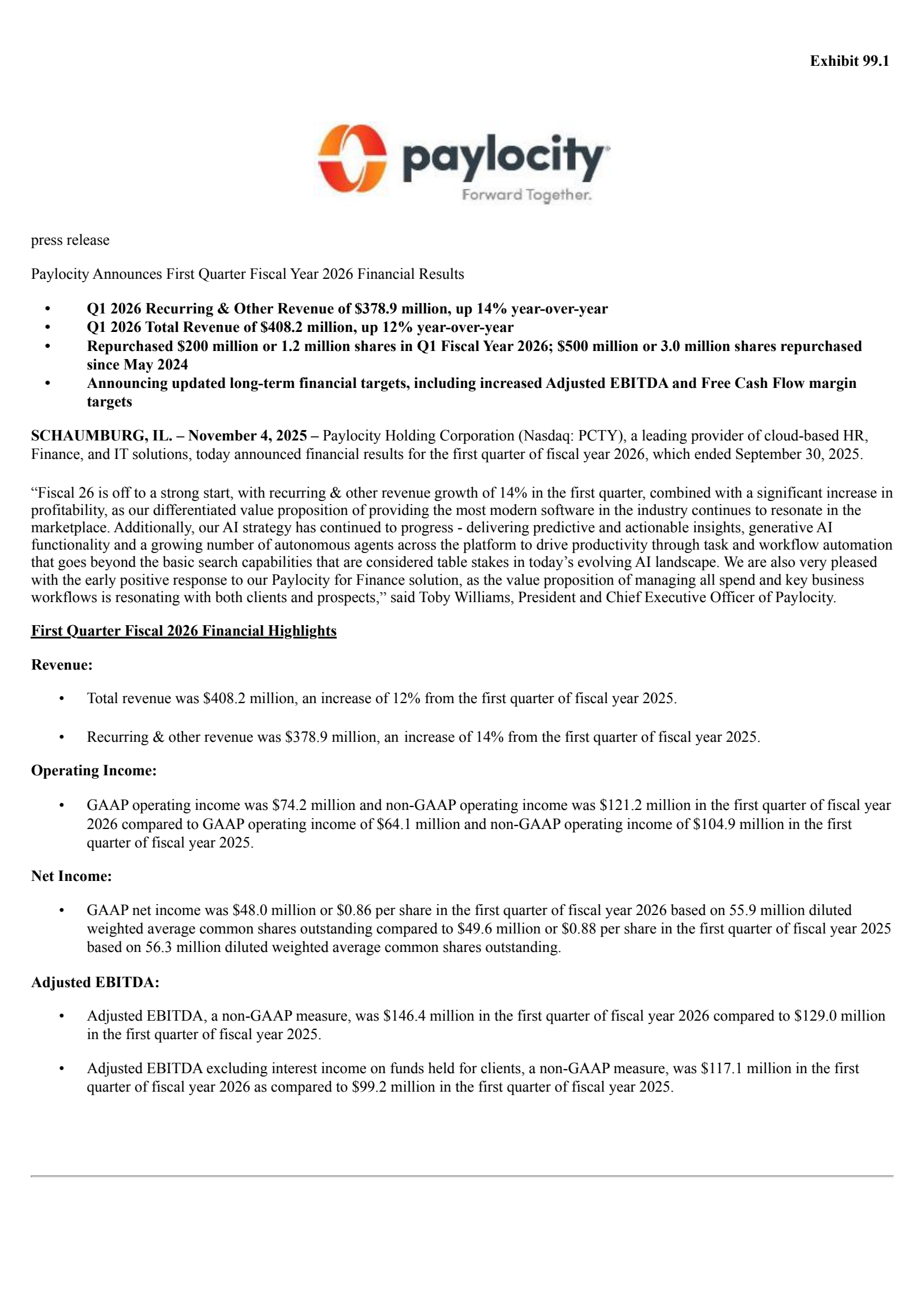 Paylocity's Q1 2026 Earnings Release