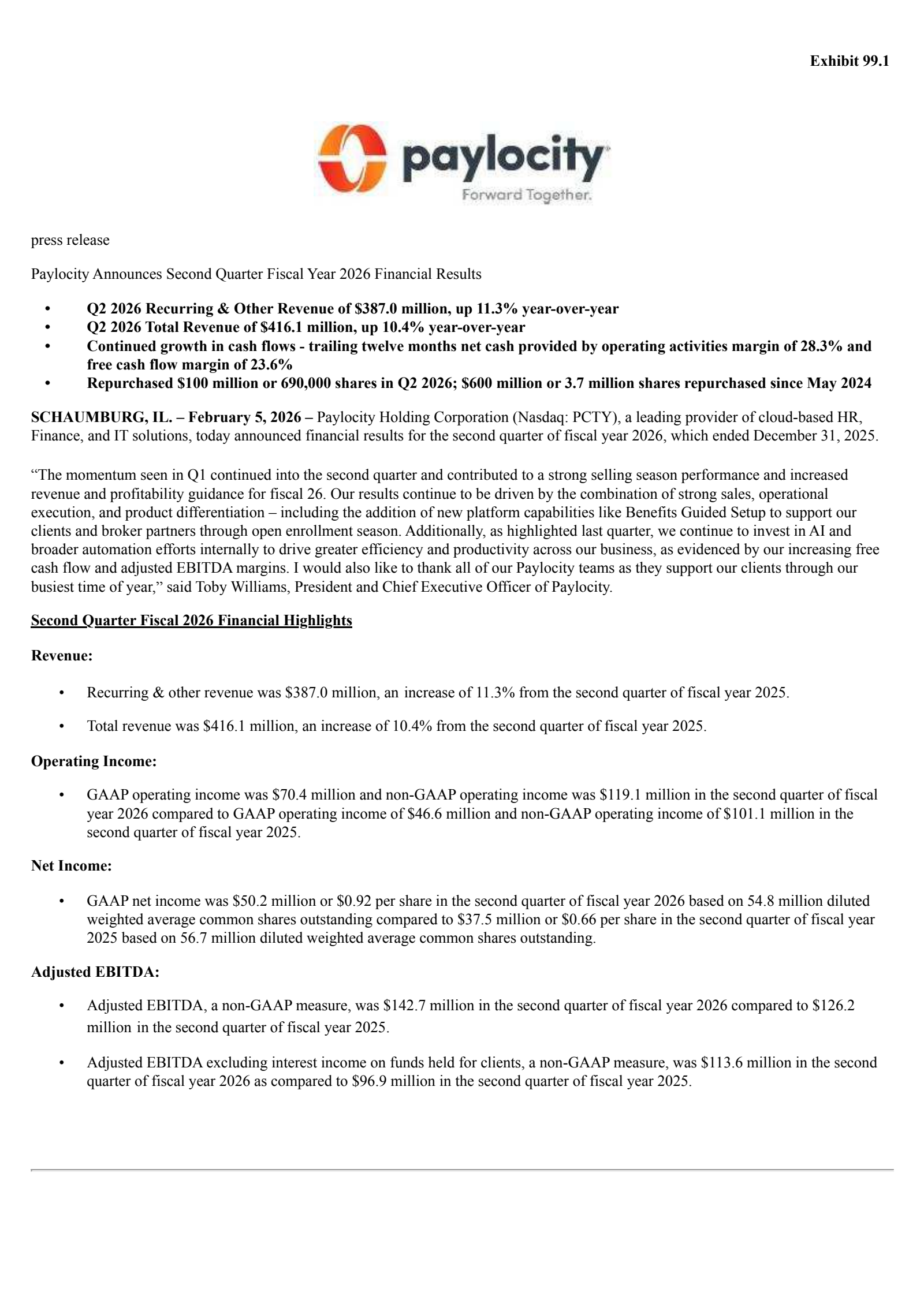 Paylocity's Q2 2026 Press Release