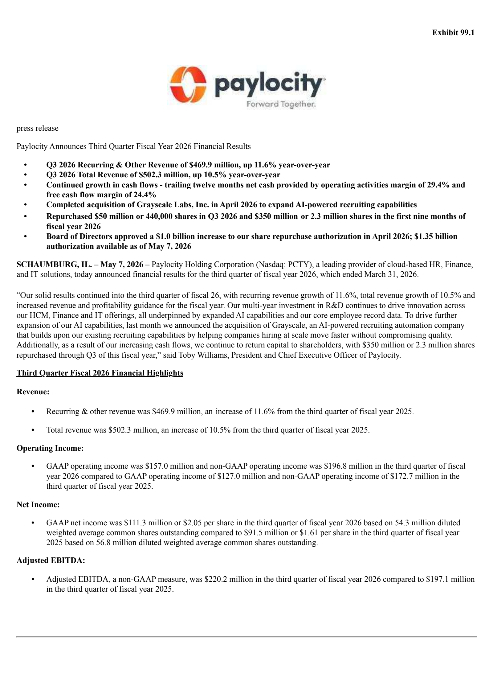Paylocity's Q3 2026 Press Release