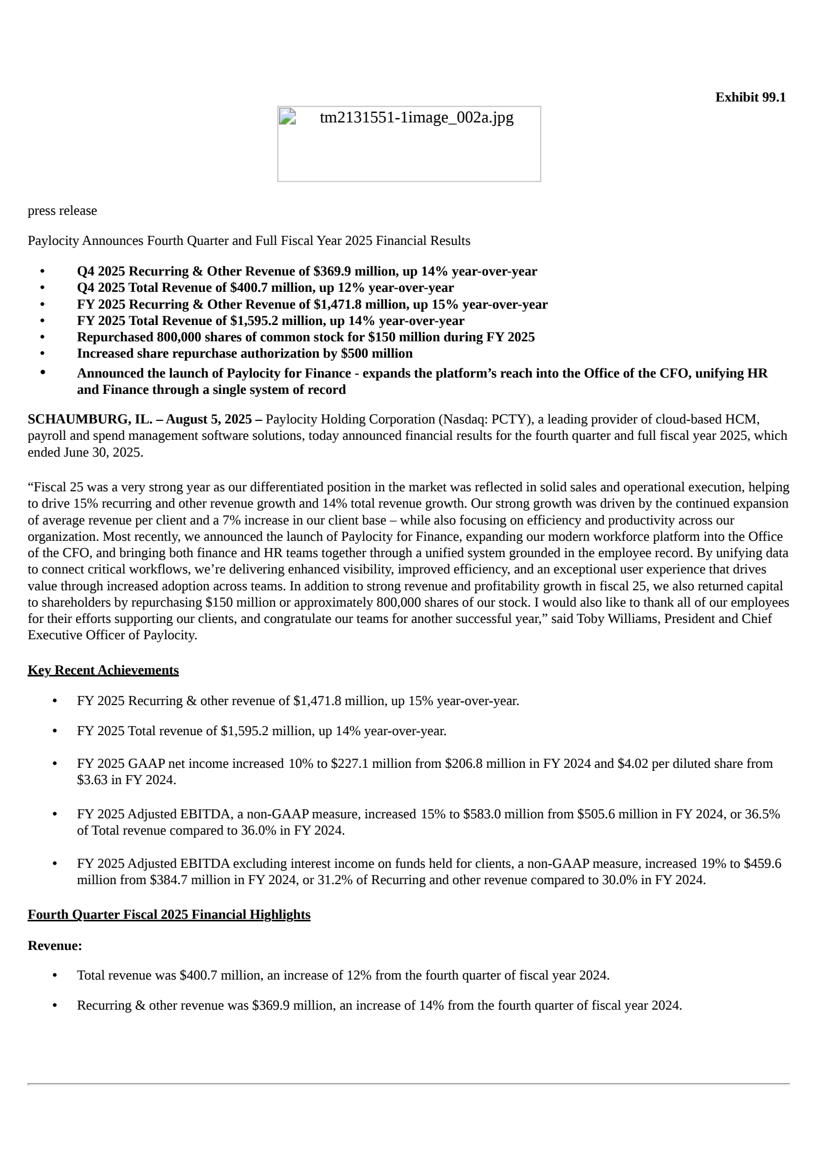Paylocity's Q4 2025 Press Release