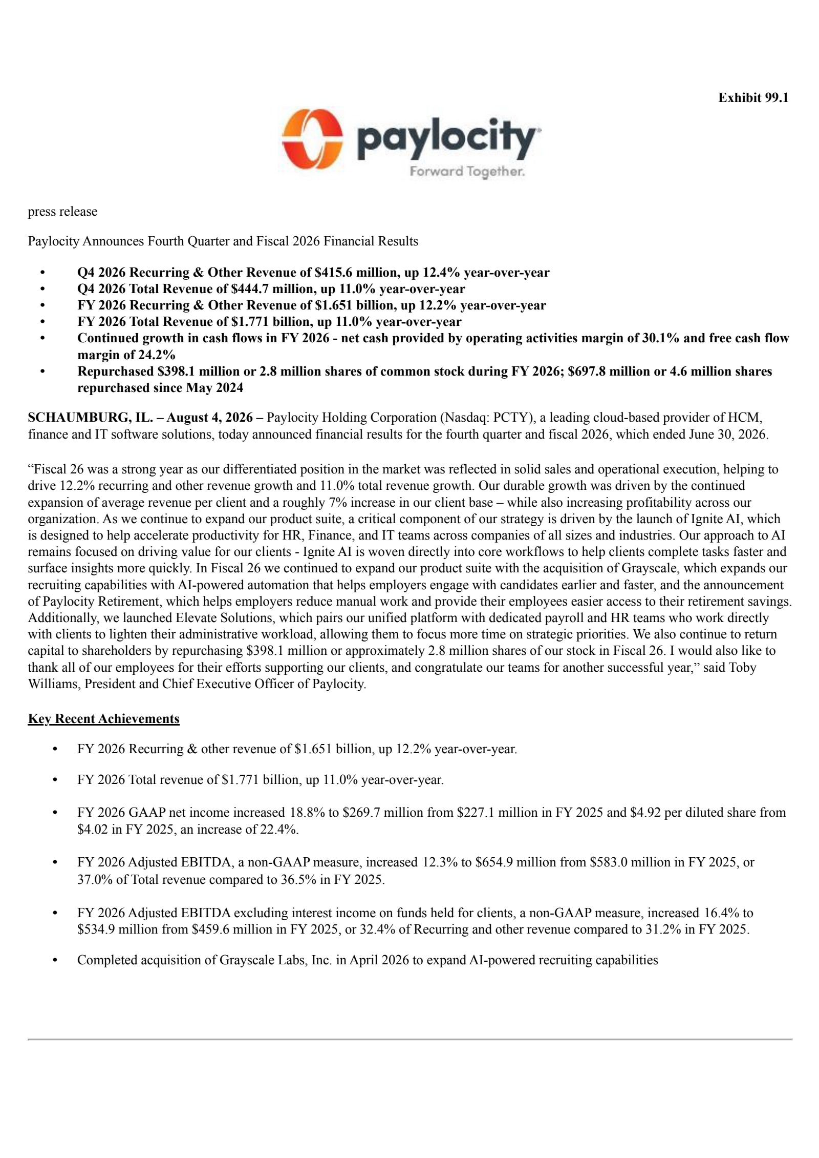 Paylocity's Q4 2026 Press Release