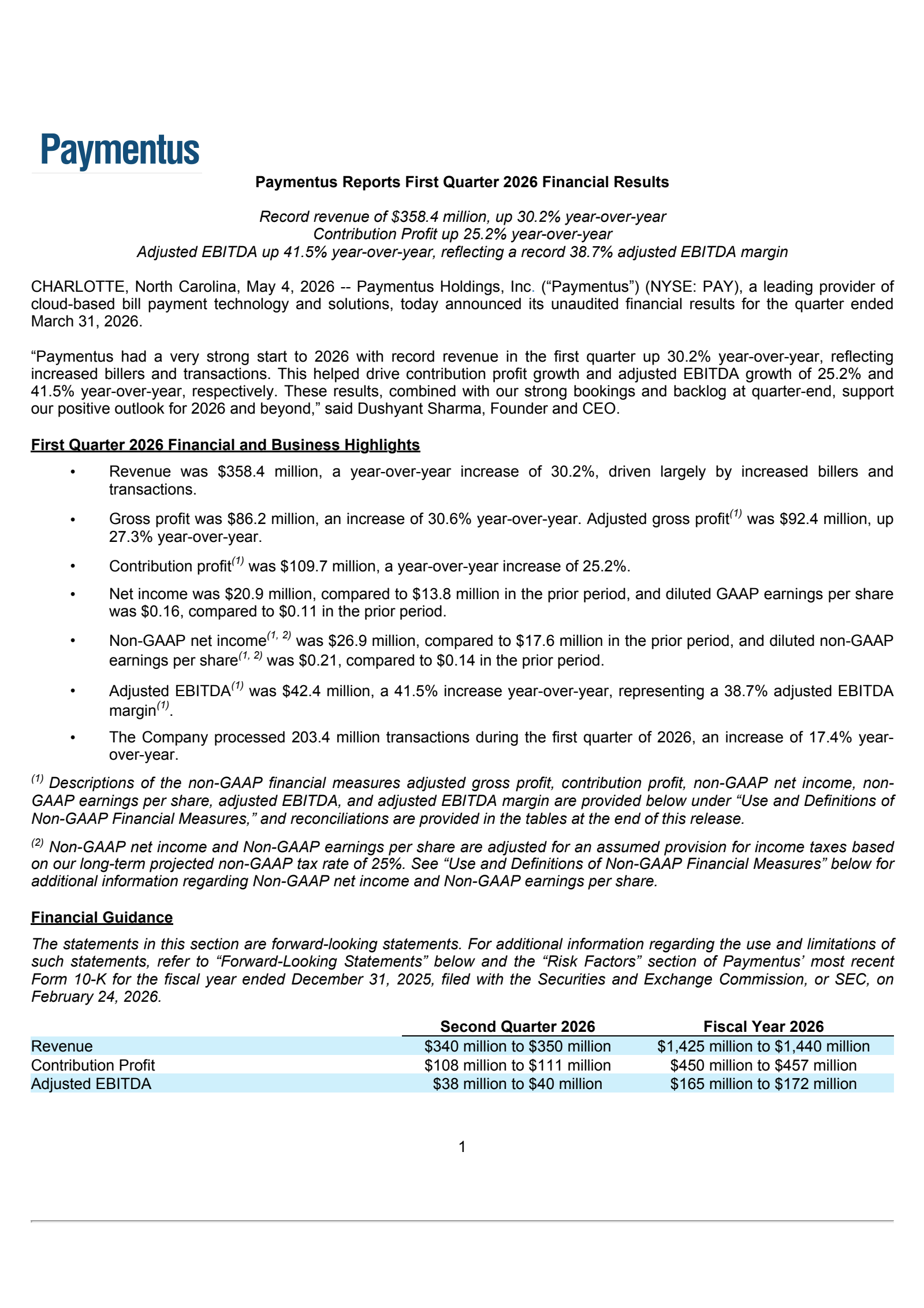 Paymentus' Q1 2026 Press Release