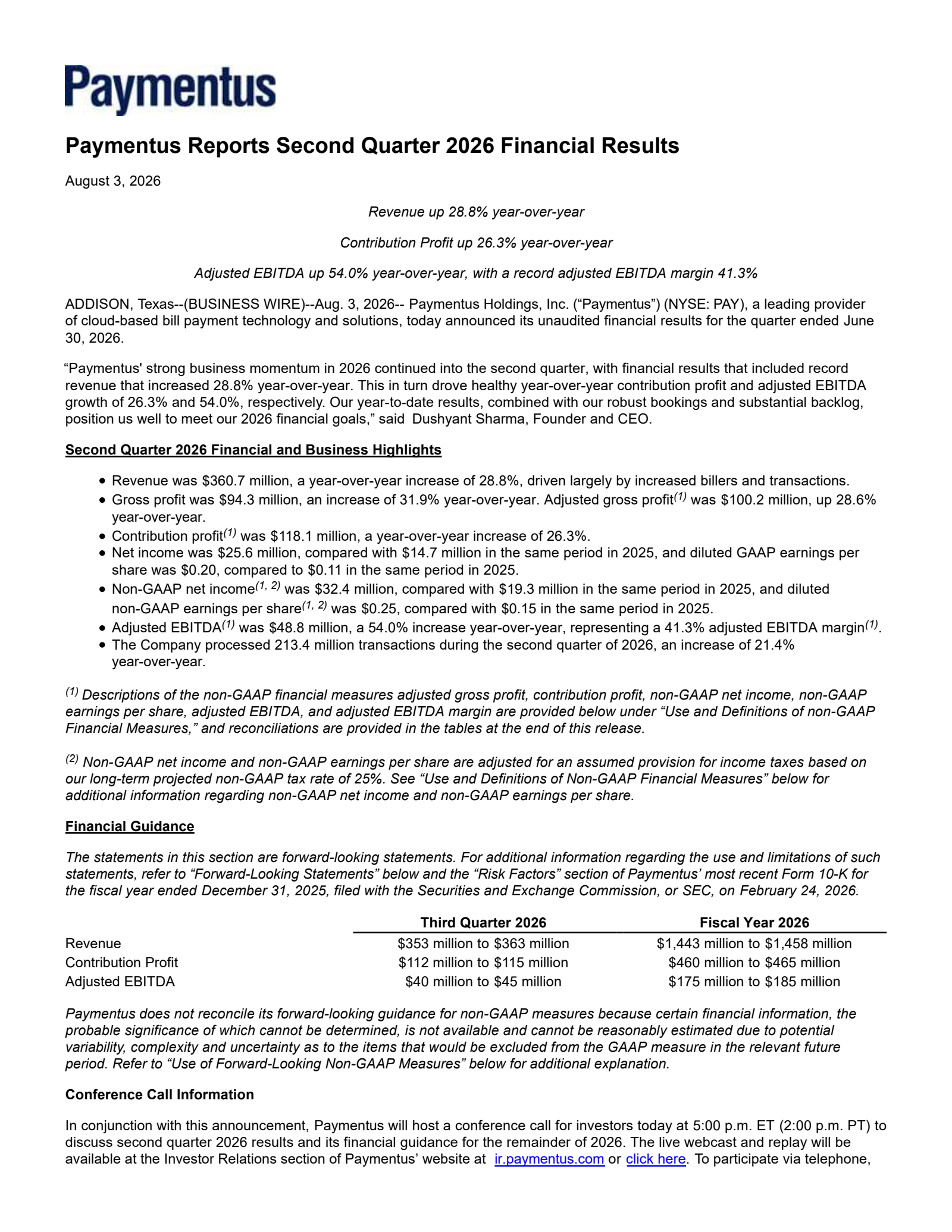Paymentus' Q2 2026 Press Release