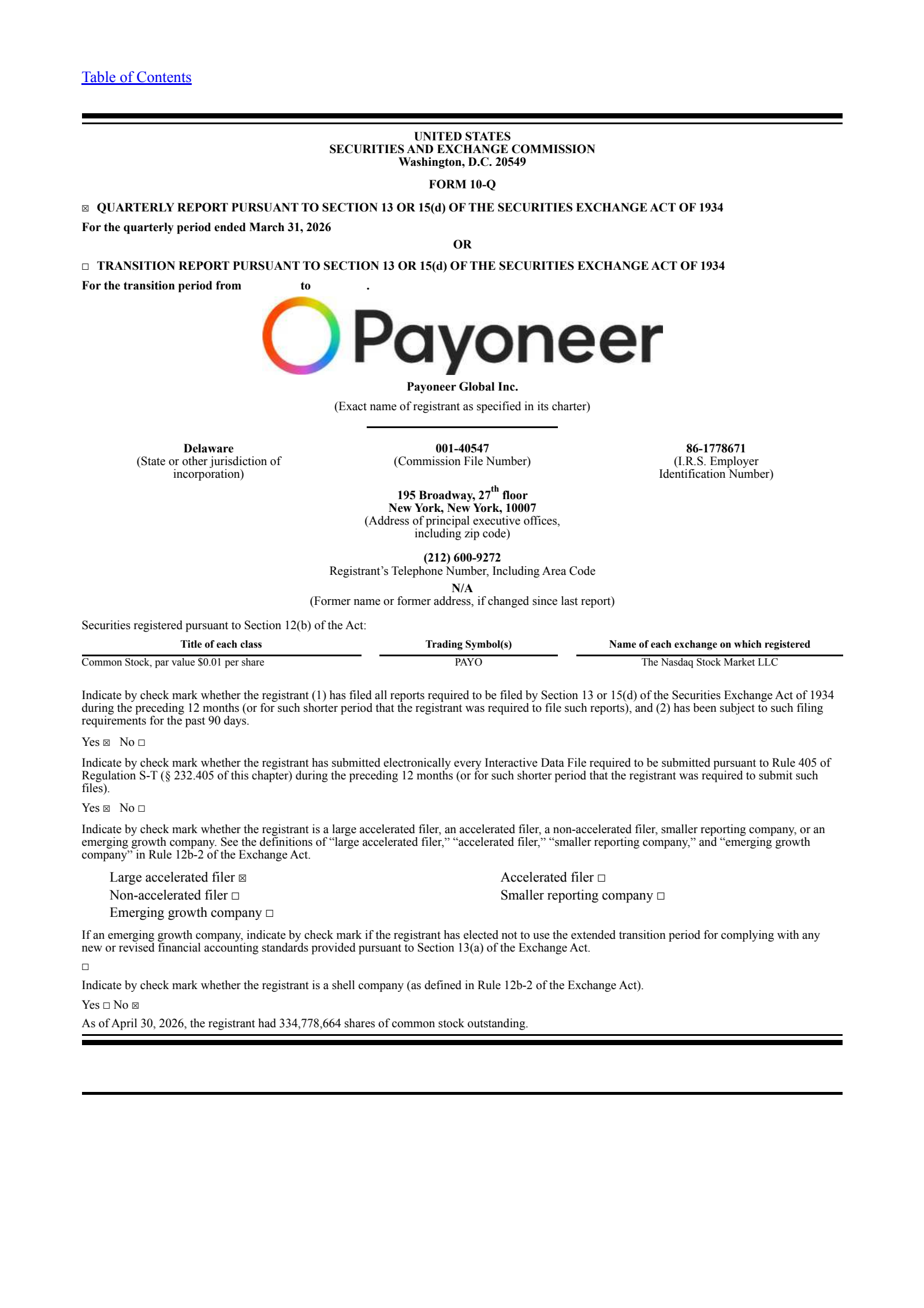 Payoneer Global's Q1 2026 Quarterly report
