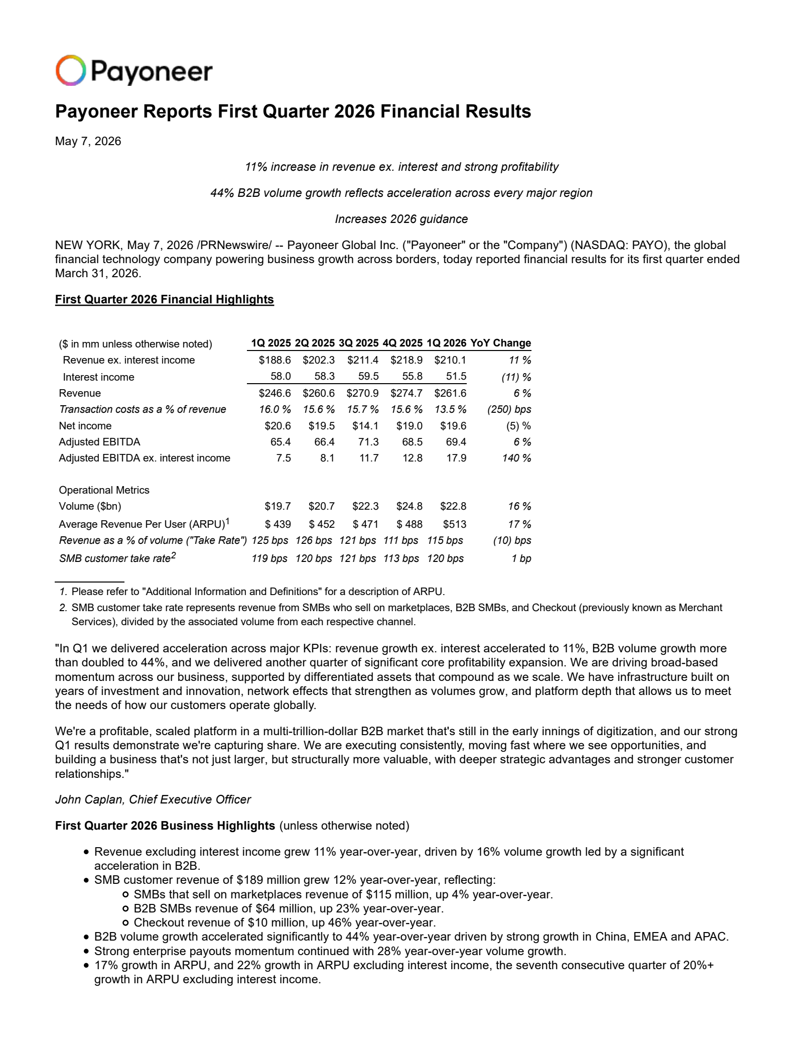 Payoneer Global's Q1 2026 Press Release