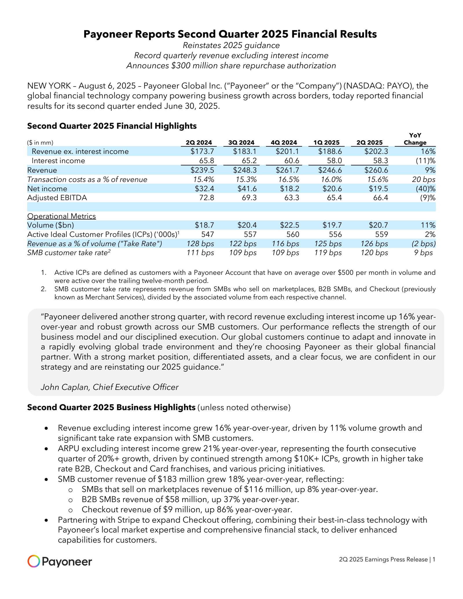 Payoneer Global's Q2 2025 Press Release