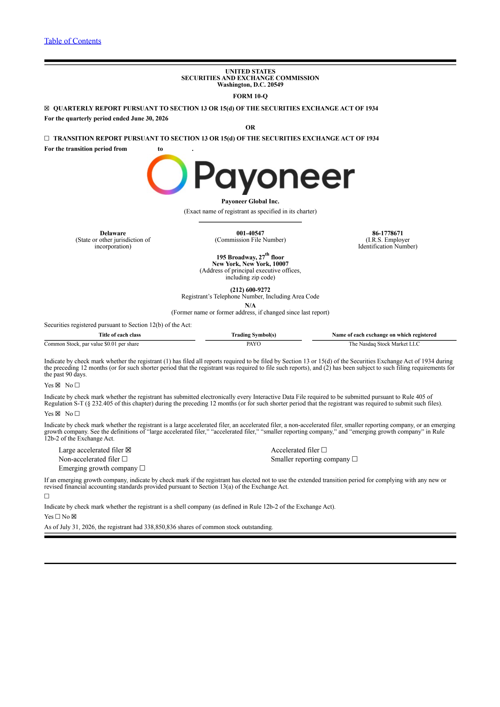 Payoneer Global's Q2 2026 Quarterly report