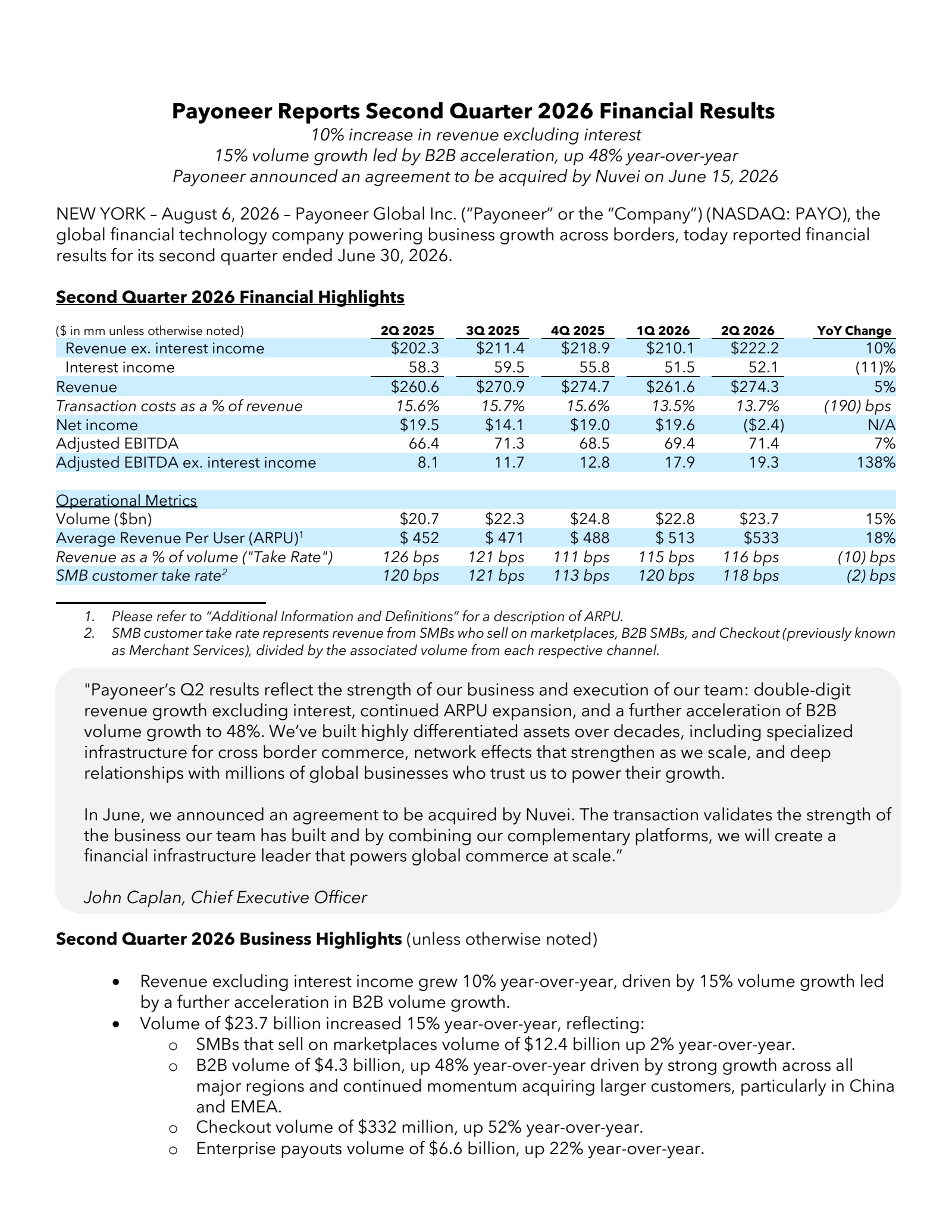Payoneer Global's Q2 2026 Press Release