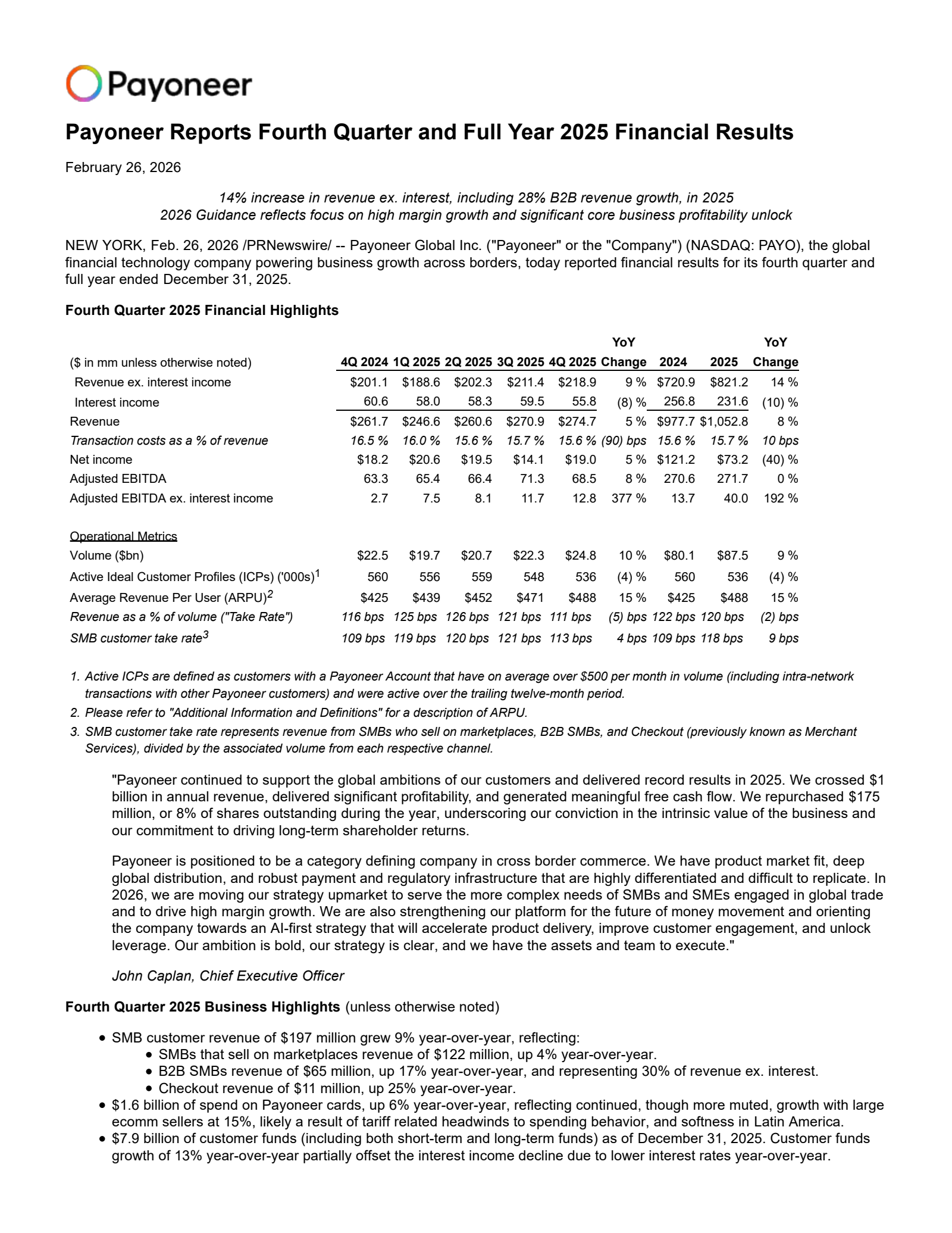 Payoneer Global's Q4 2025 Press Release