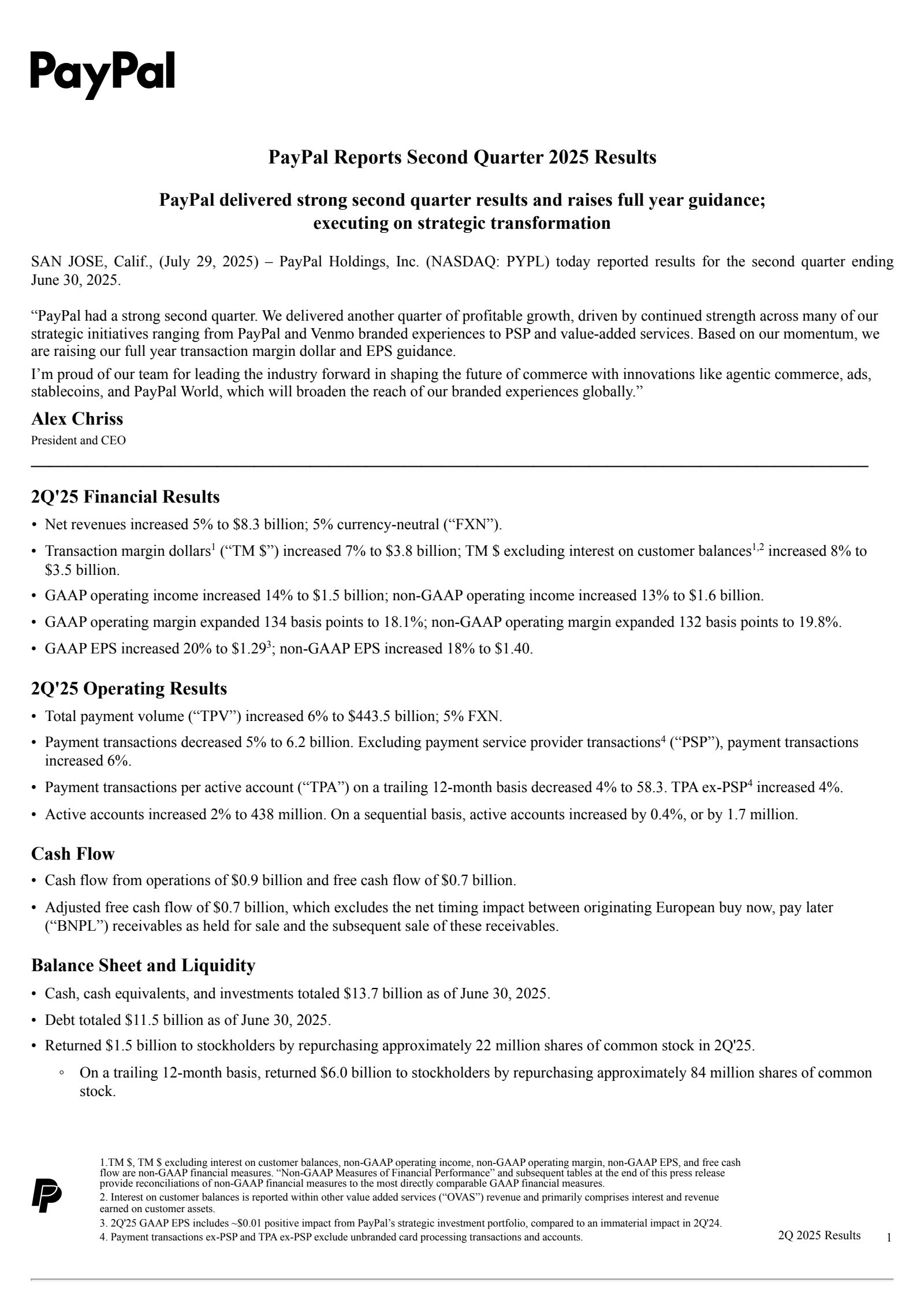 PayPal's Q2 2025 Press Release