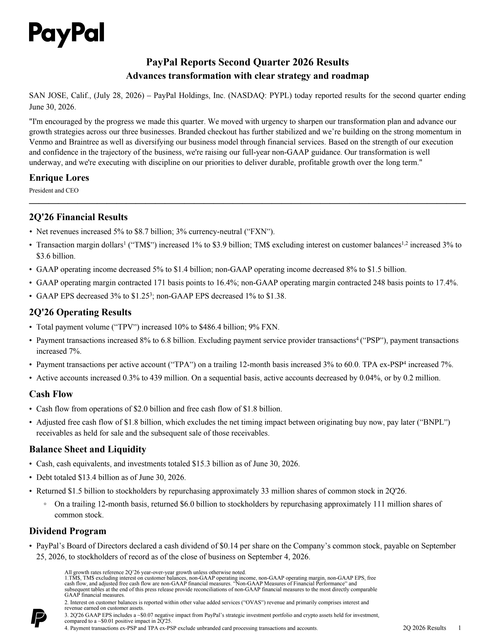 PayPal's Q2 2026 Press Release