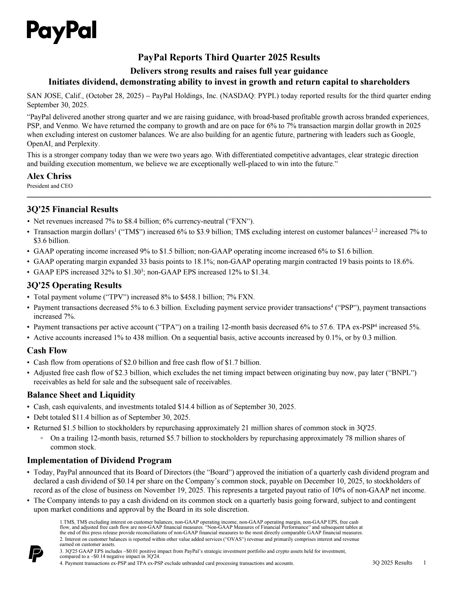 PayPal's Q3 2025 Earnings Release