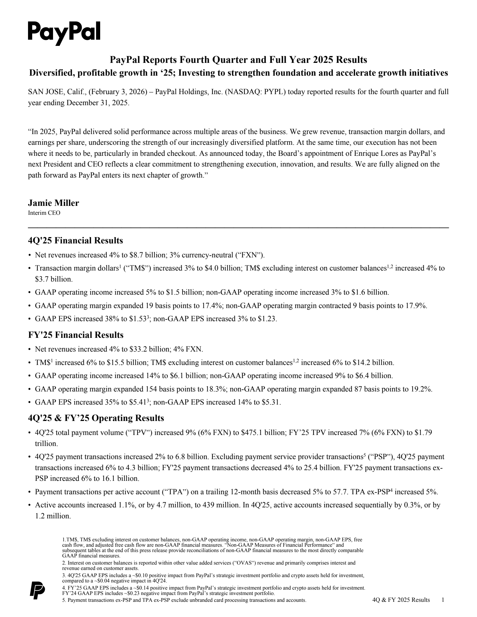 PayPal's Q4 2025 Press Release