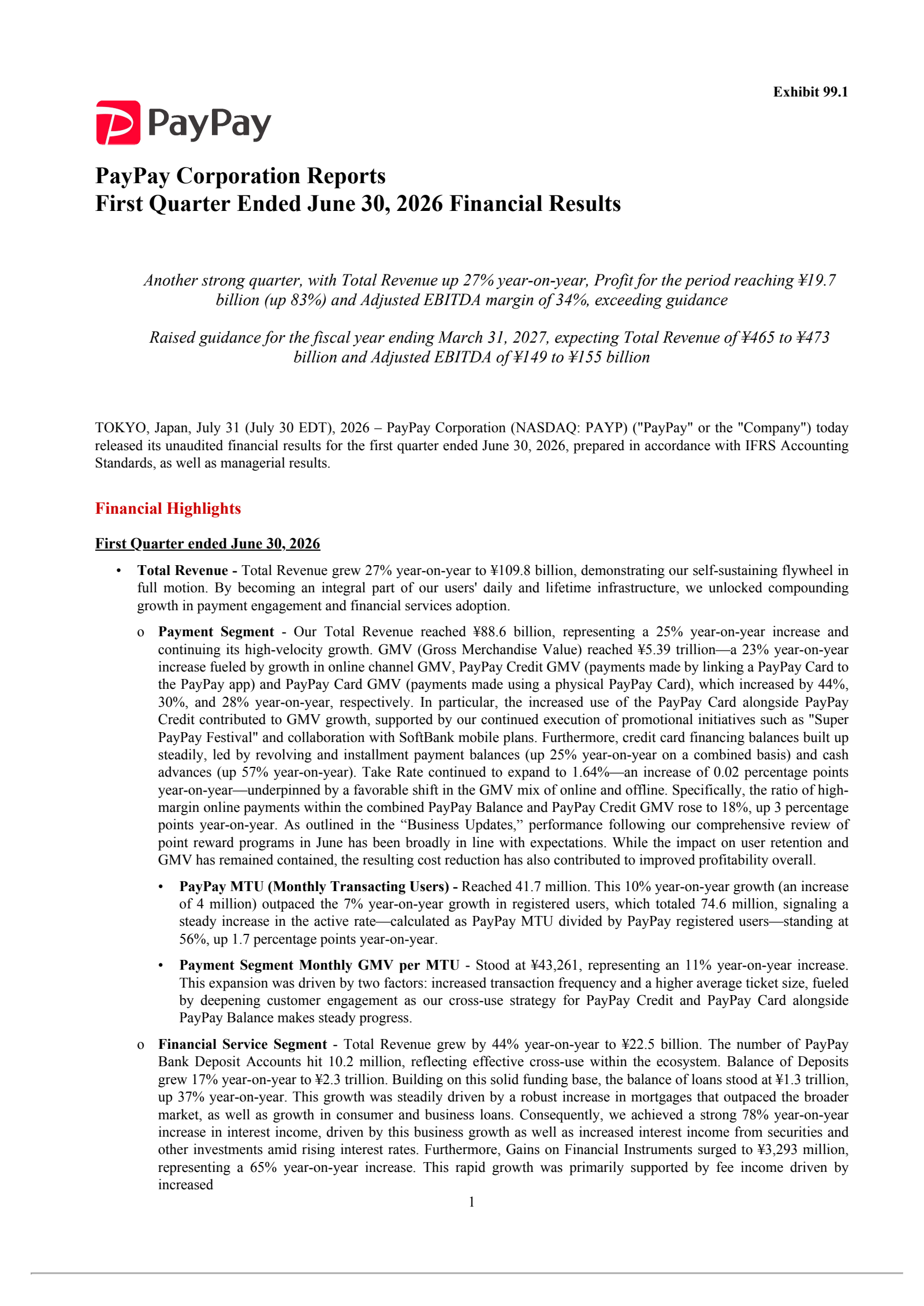 PayPay's Q1 2027 Press Release