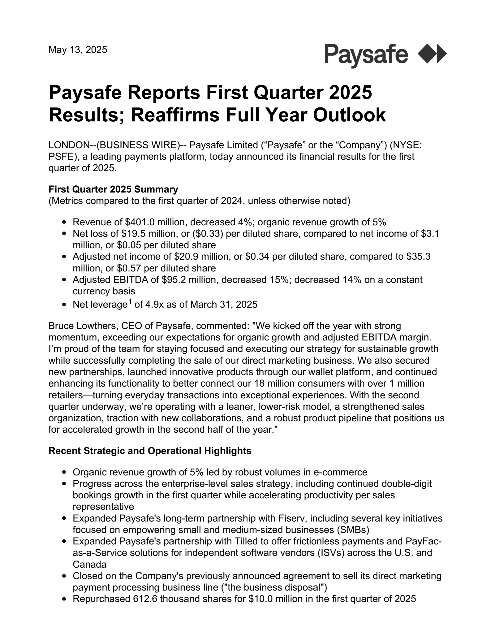 Paysafe's Q1 2025 Press Release