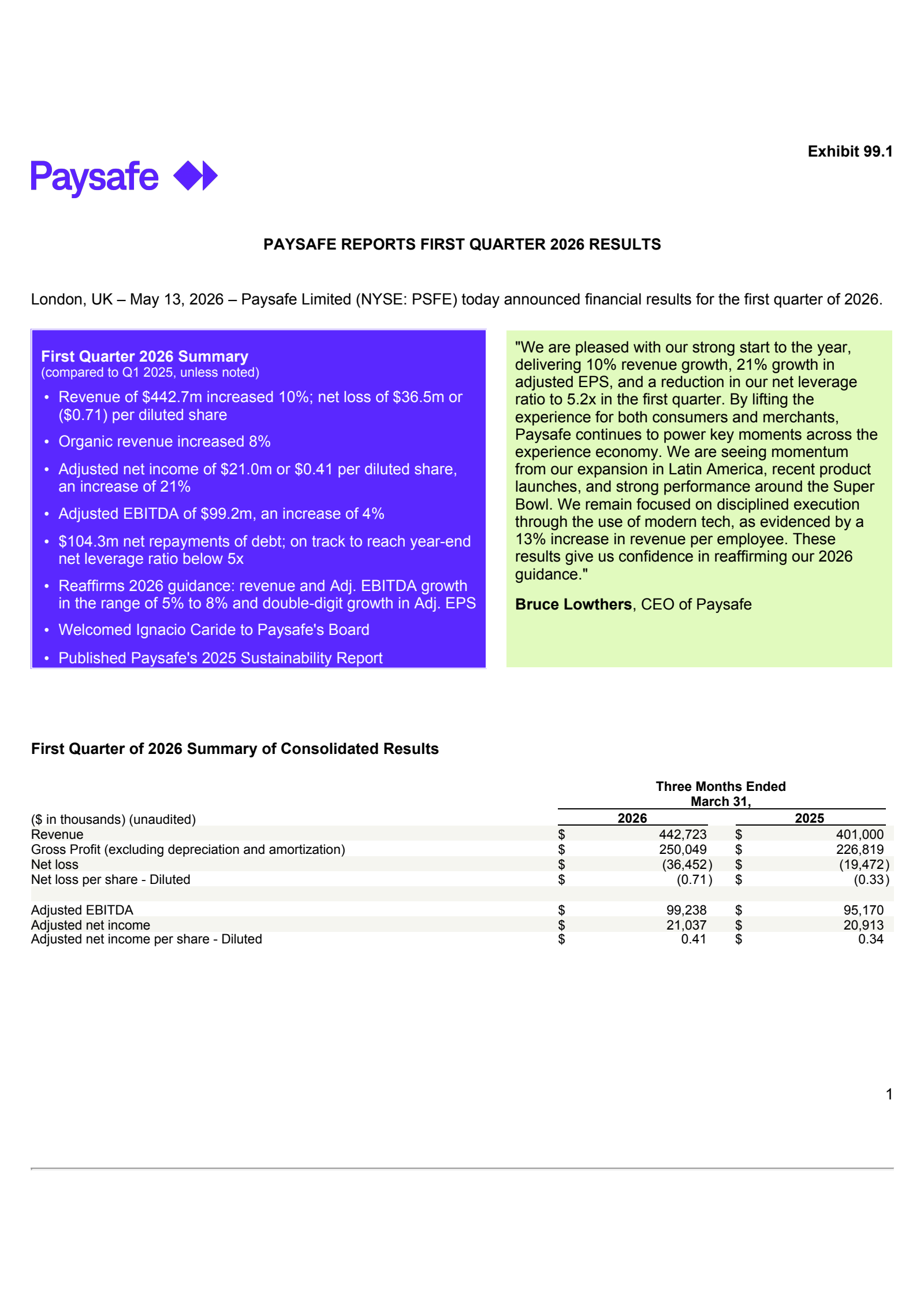 Paysafe's Q1 2026 Press Release