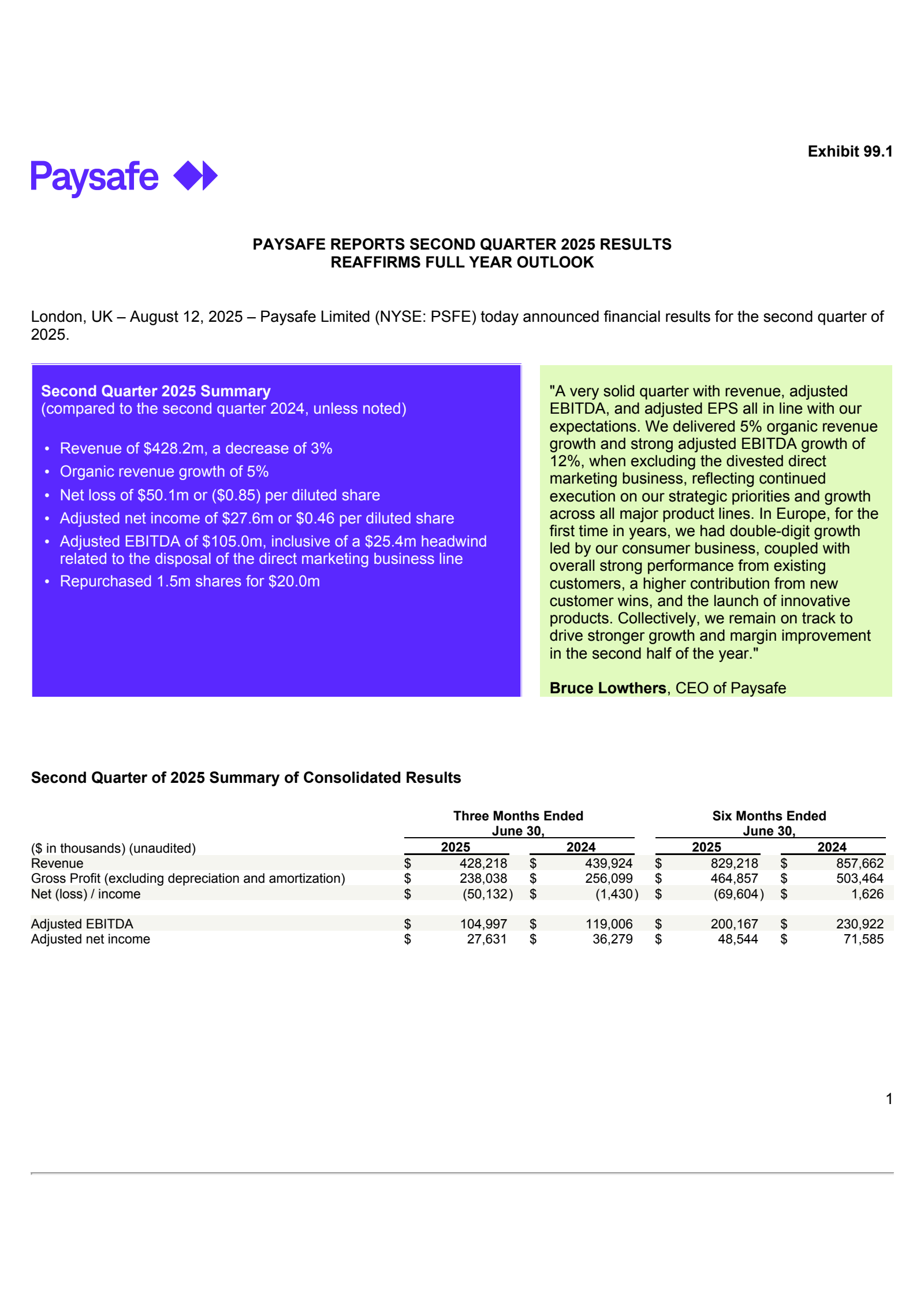 Paysafe's Q2 2025 Press Release