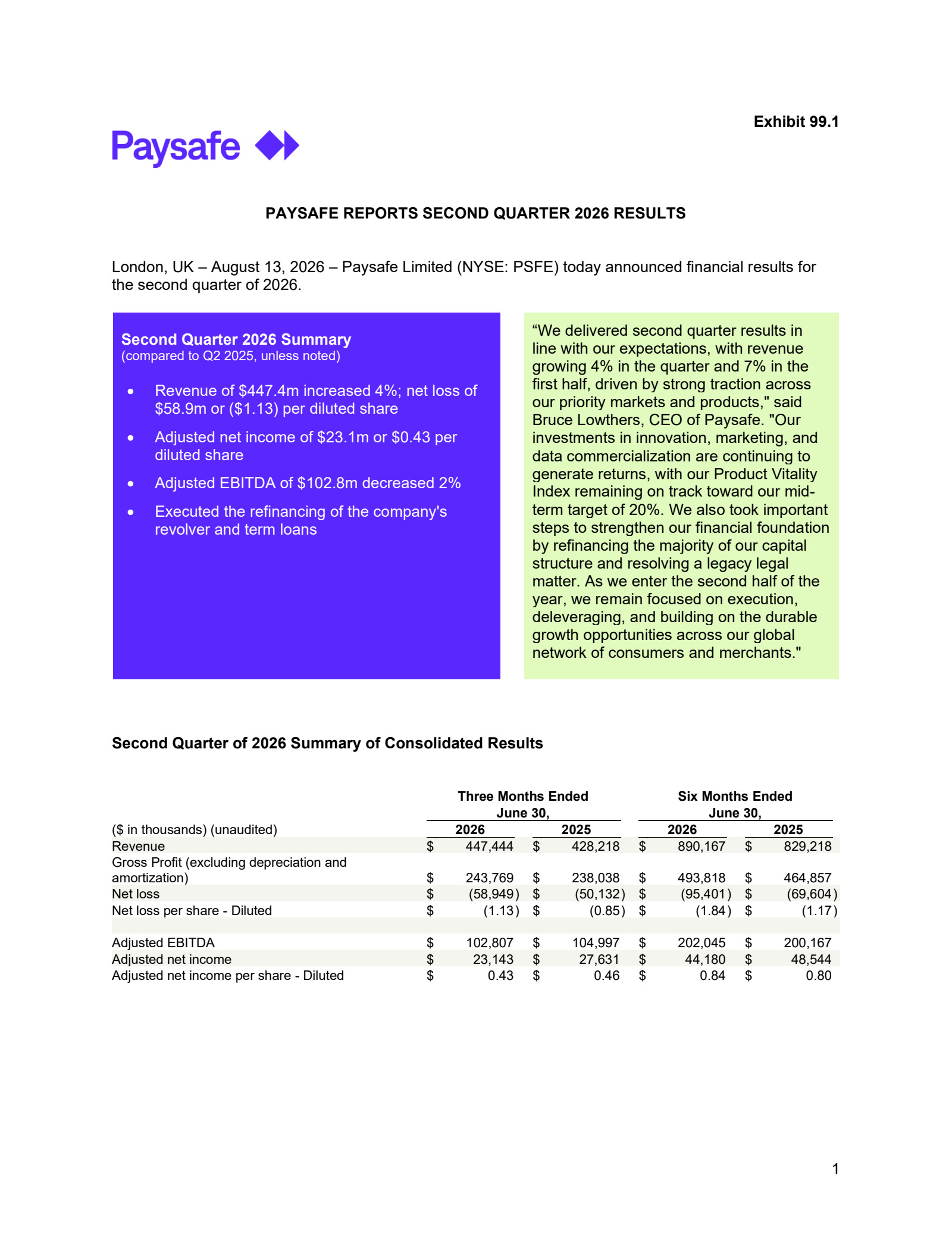 Paysafe's Q2 2026 Press Release
