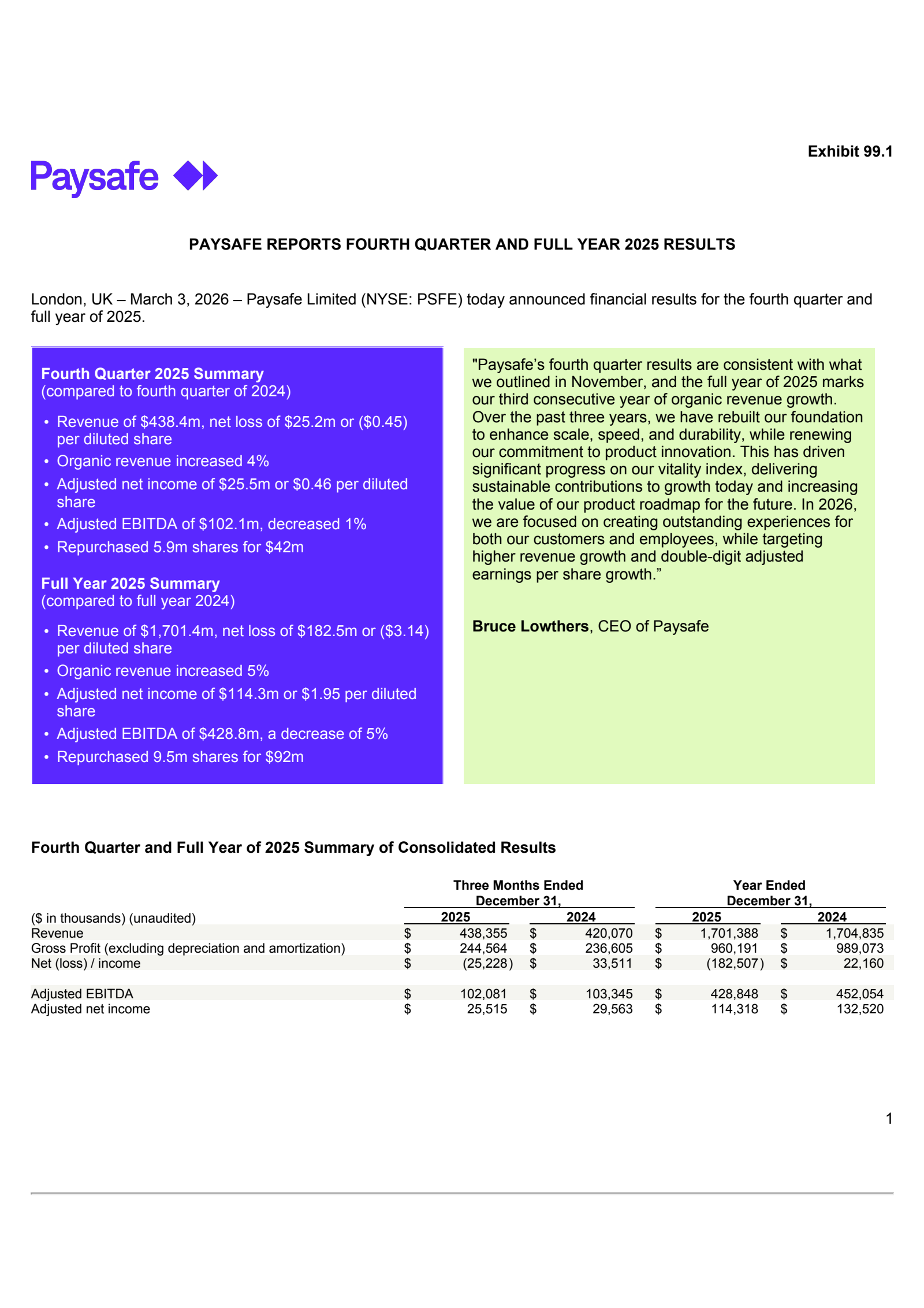 Paysafe's Q4 2025 Press Release