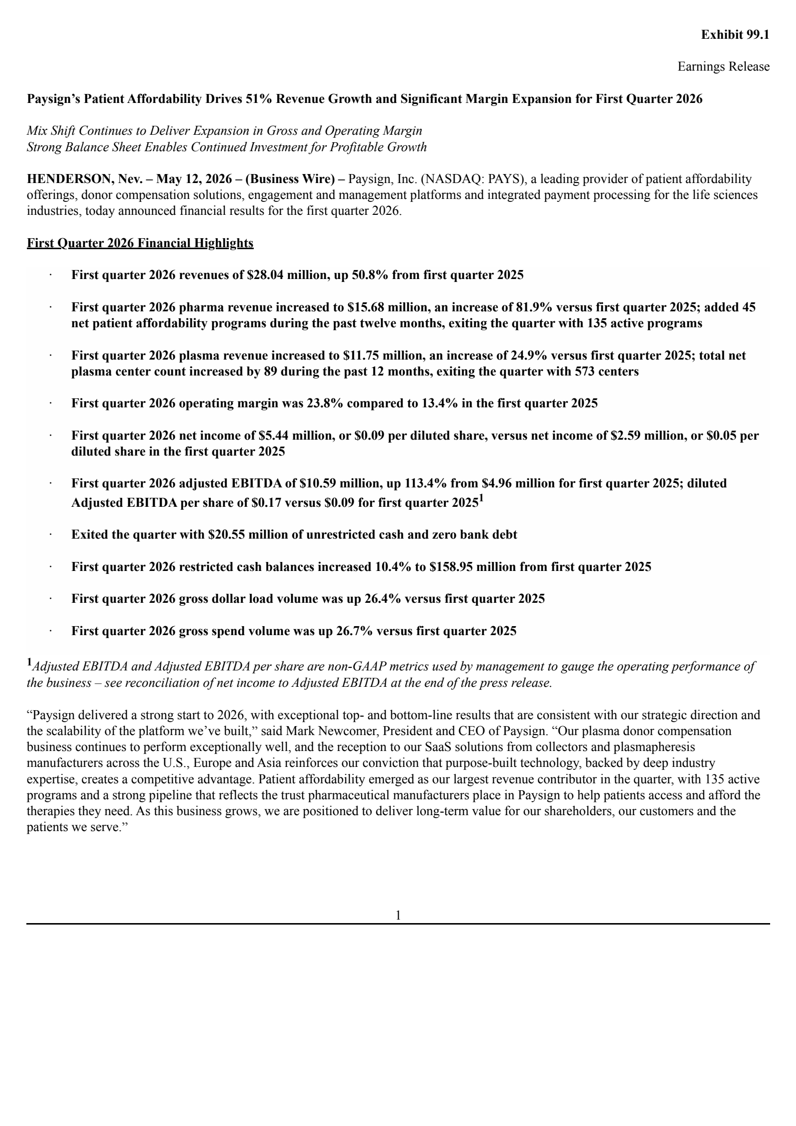 Paysign's Q1 2026 Press Release
