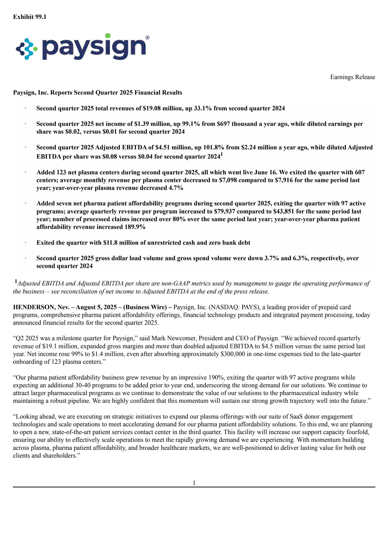 Paysign's Q2 2025 Press Release