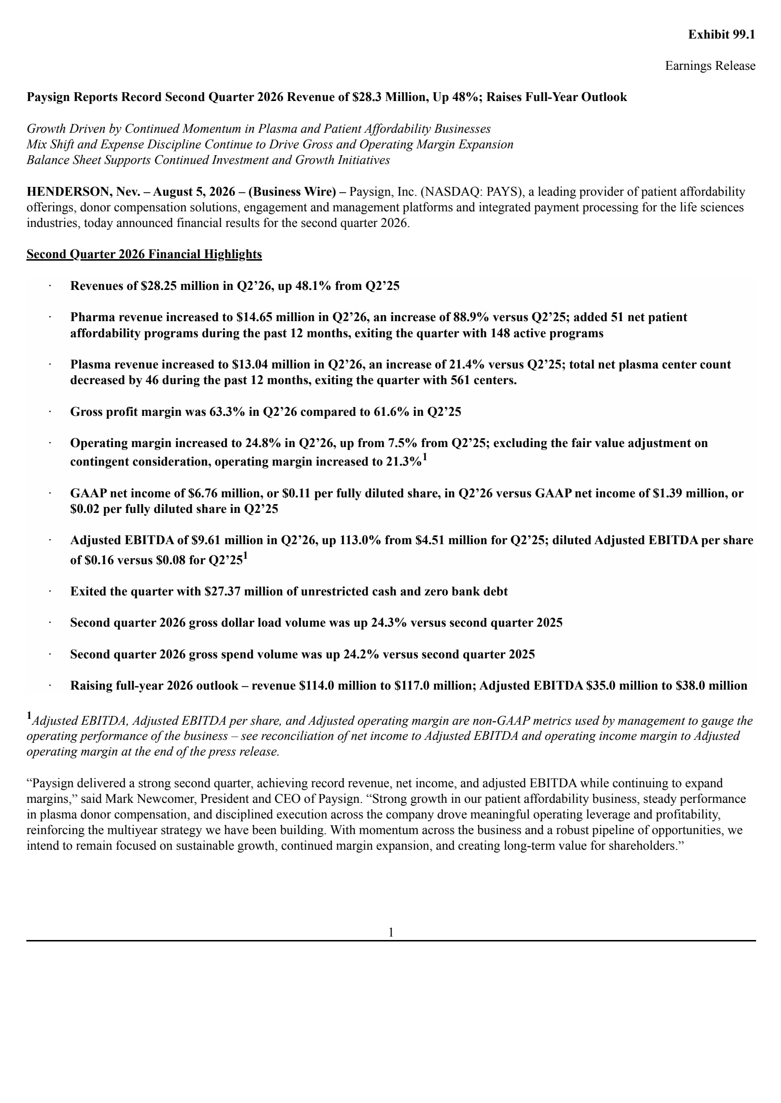 Paysign's Q2 2026 Press Release