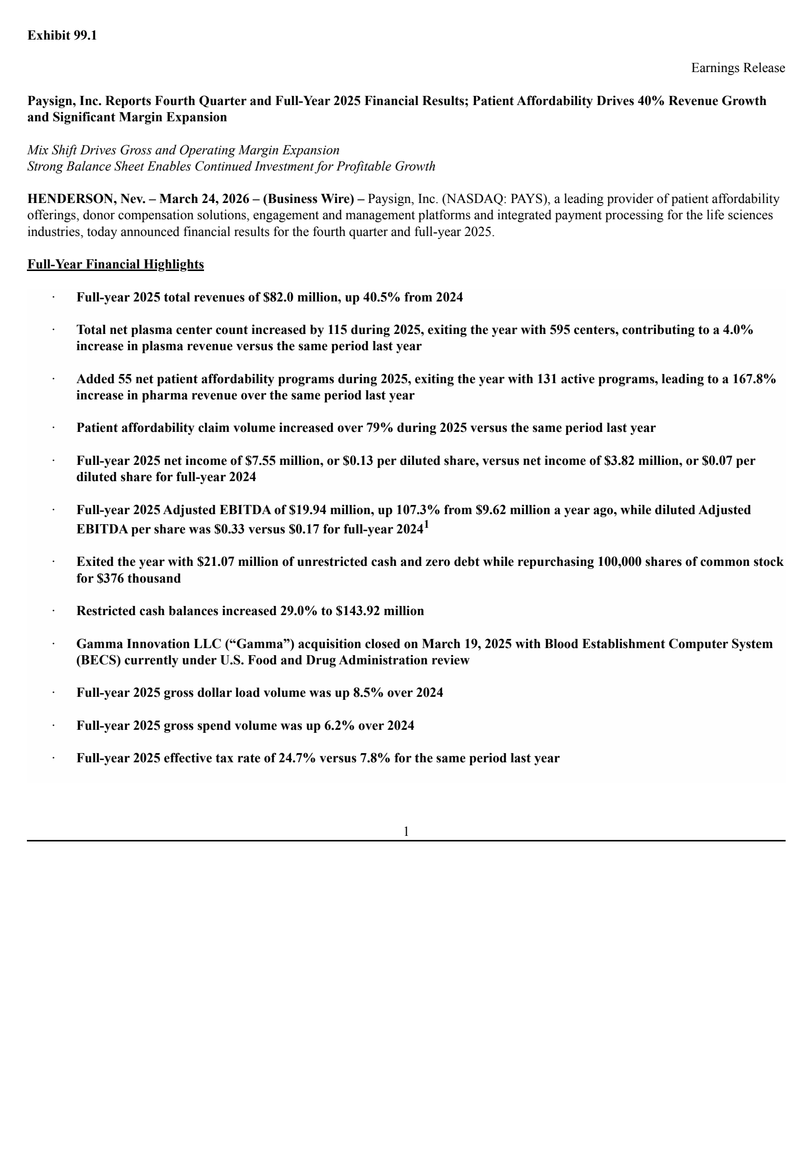 Paysign's Q4 2025 Press Release