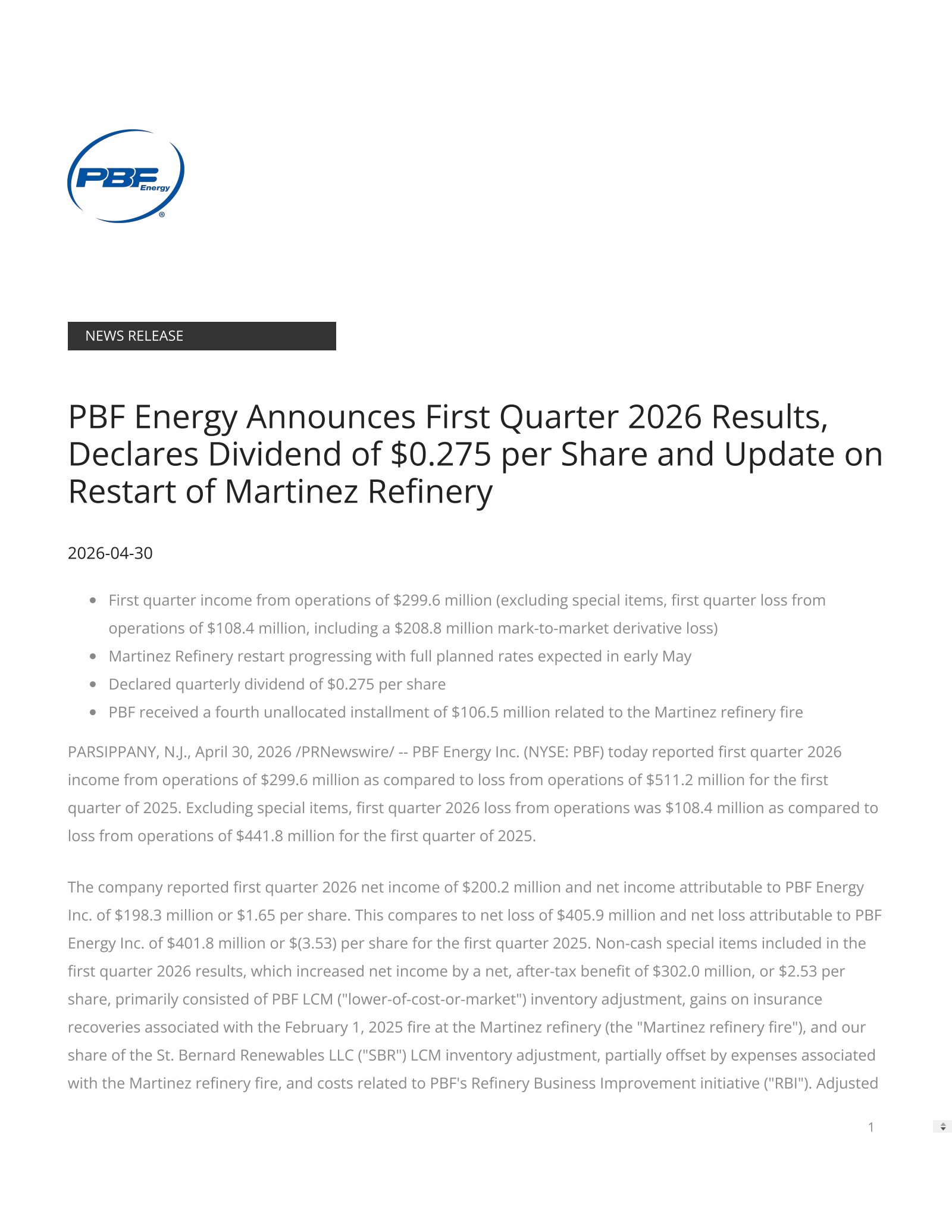 PBF Energy's Q1 2026 Press Release