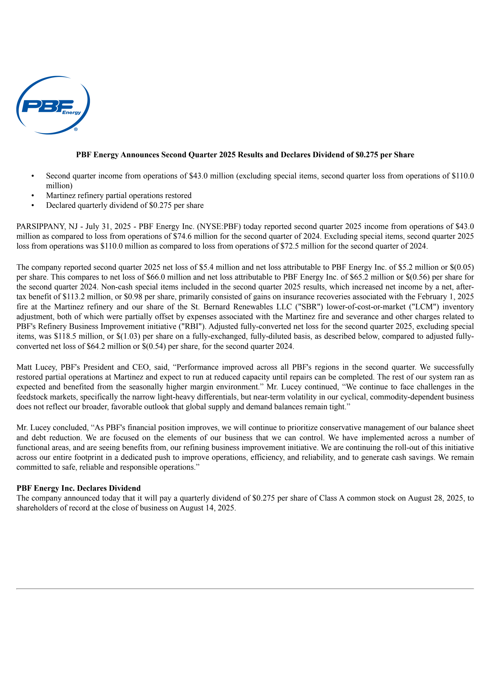 PBF Energy's Q2 2025 Press Release